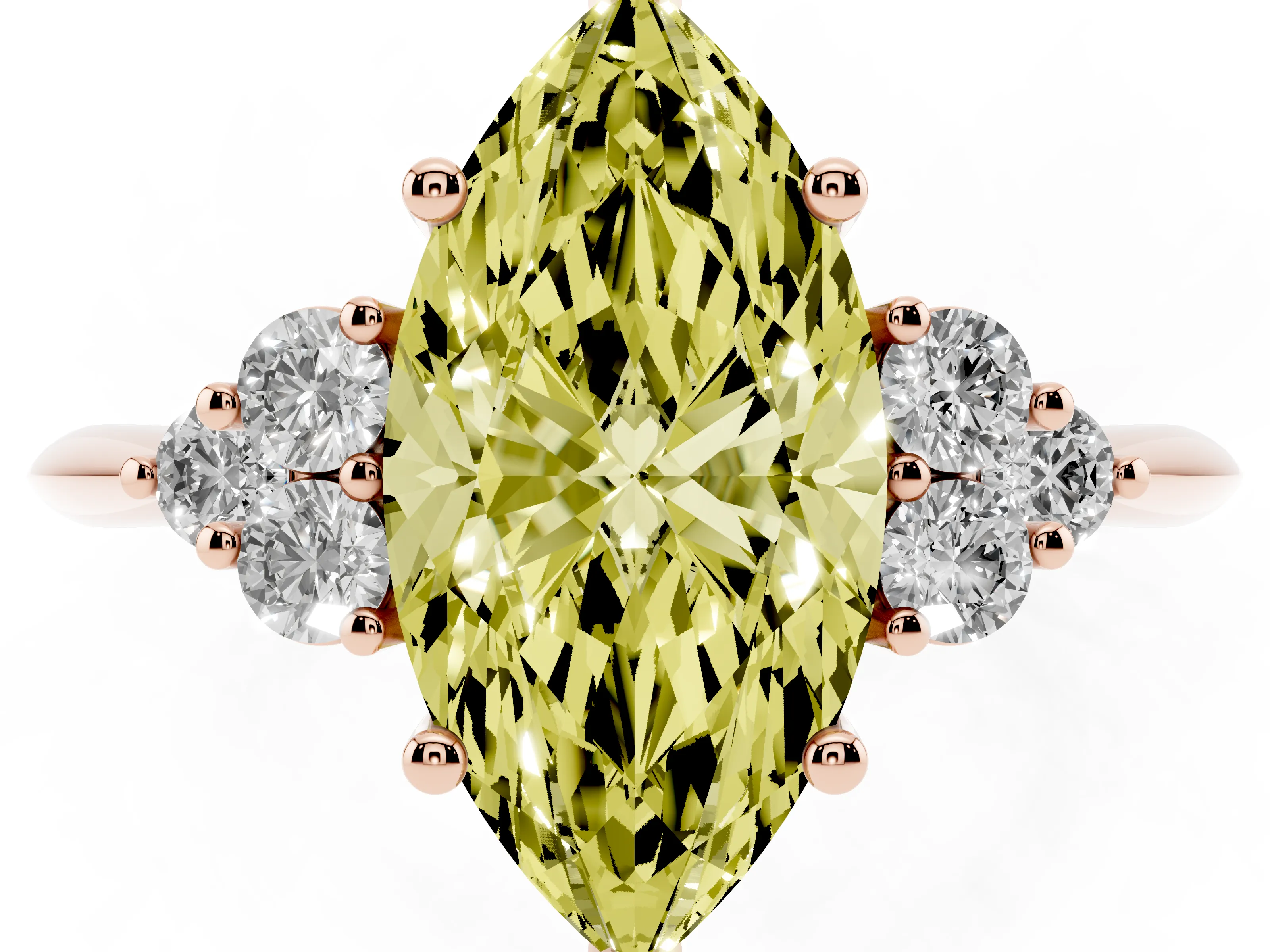 Fancy Yellow Marquise Cut Diamond Cluster Ring Set in Rose gold with Plain Band and Prong Setting