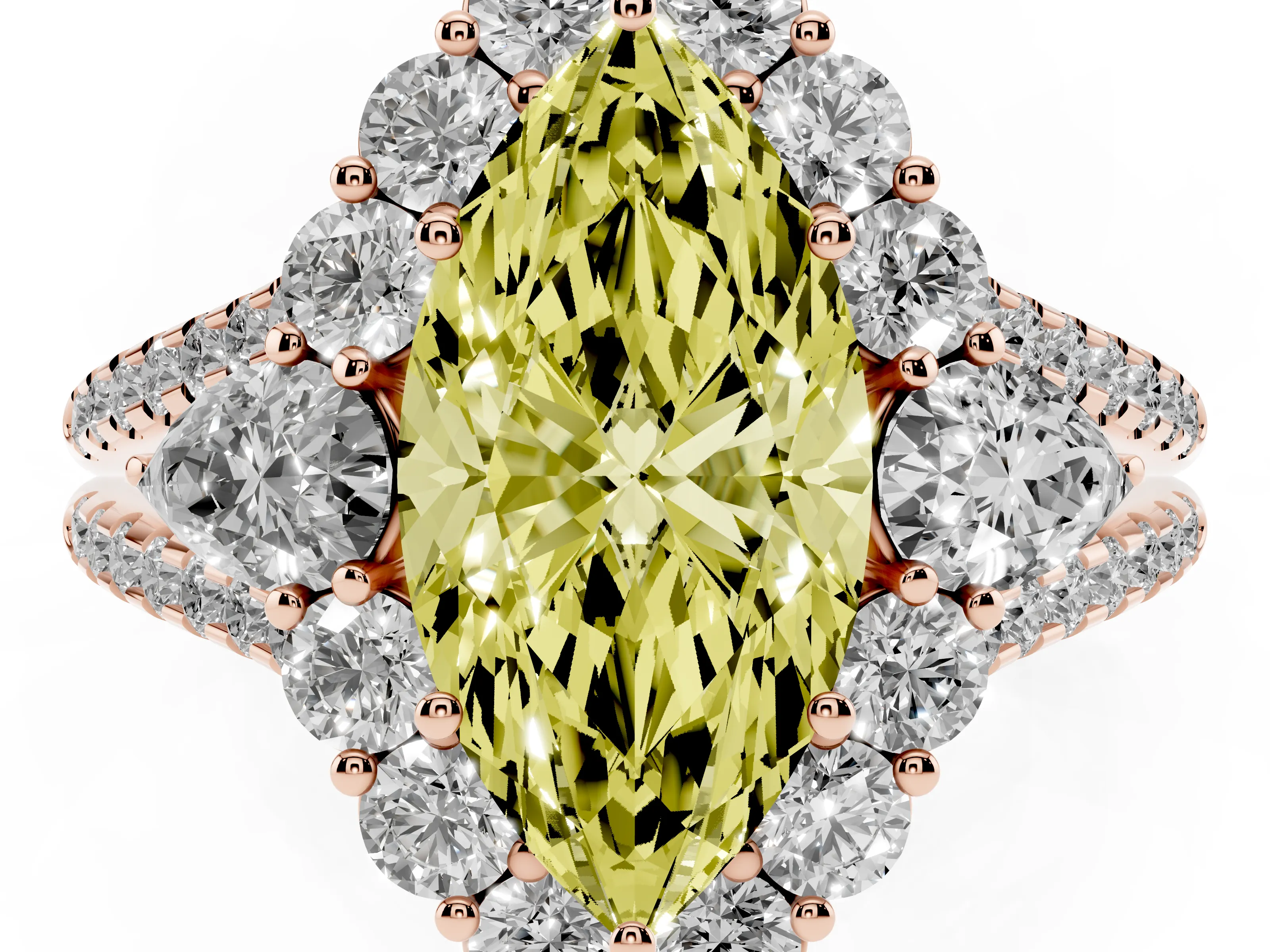 Fancy Yellow Marquise Cut Diamond Halo Split Shank Engagement Ring Set in Rose gold with Prong-Held Center Stone