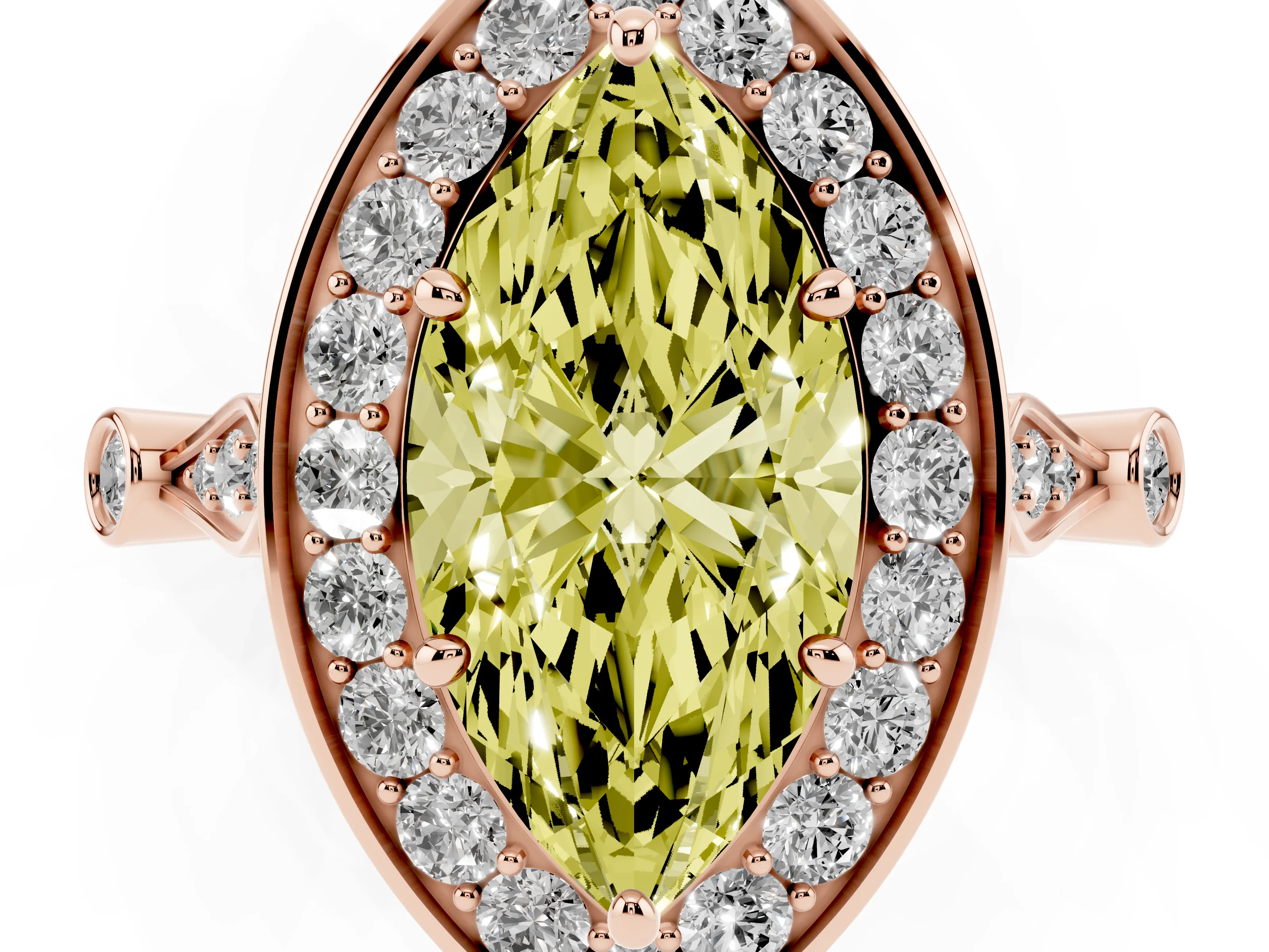 Fancy Yellow Marquise Cut Diamond Halo Engagement Ring Set in Rose gold with Twisted Band and Prong Setting