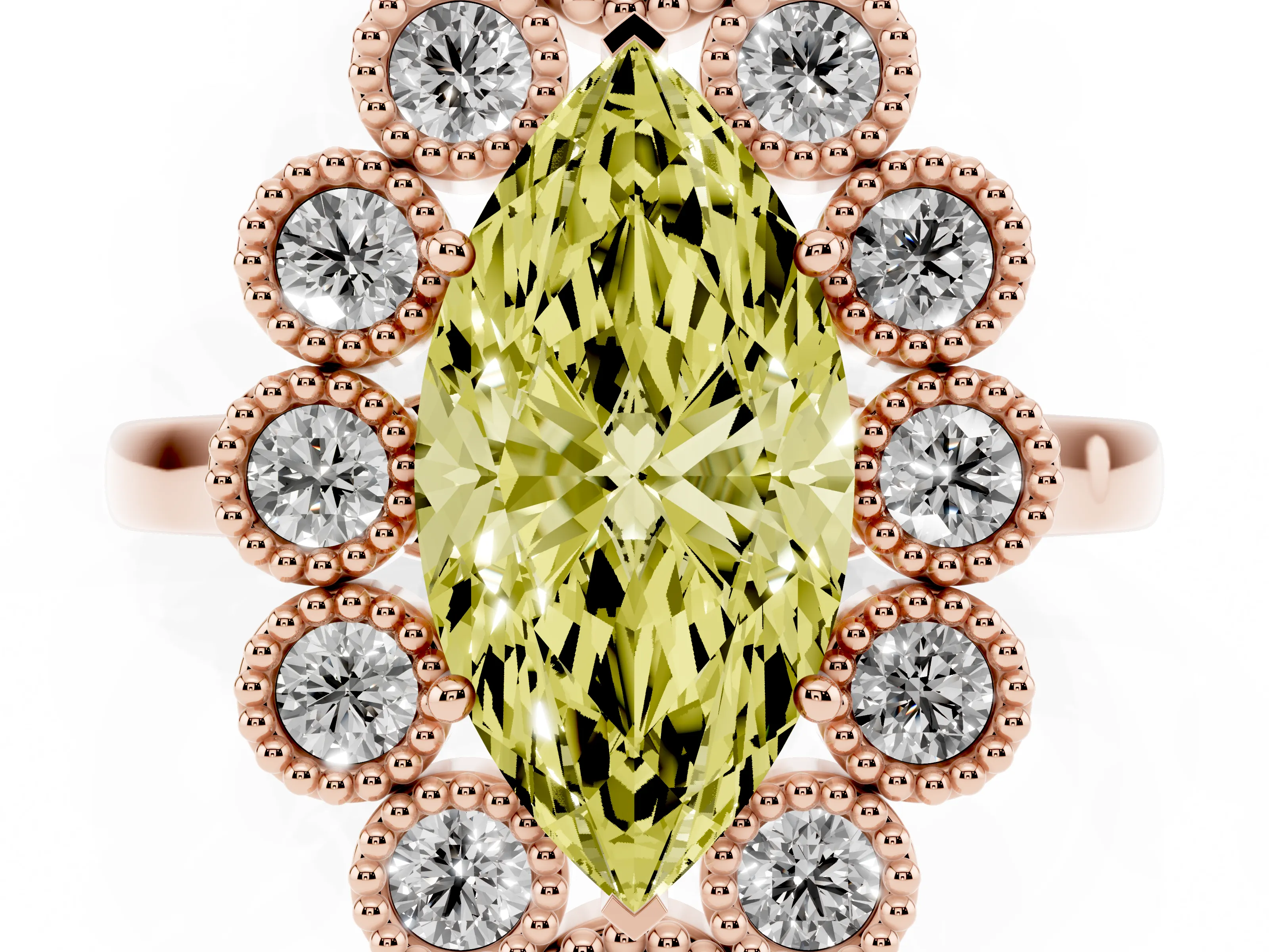Fancy Yellow Marquise Cut Diamond Cluster Halo Ring Set in Rose gold with Milgrain Bezel Accents and Plain Band