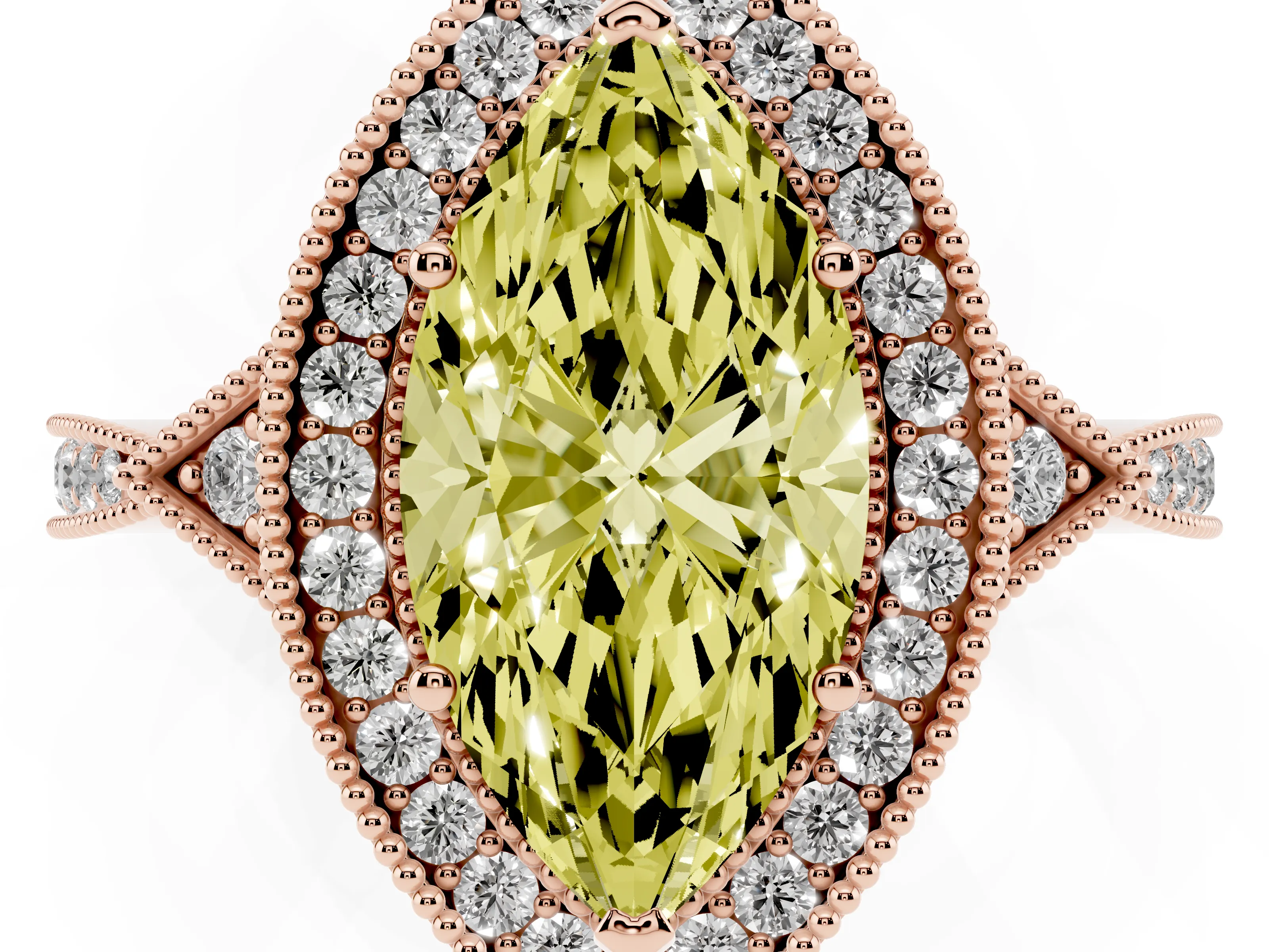 Fancy Yellow Marquise Cut Diamond Halo Engagement Ring Set in Rose gold with Milgrain Pavé Band