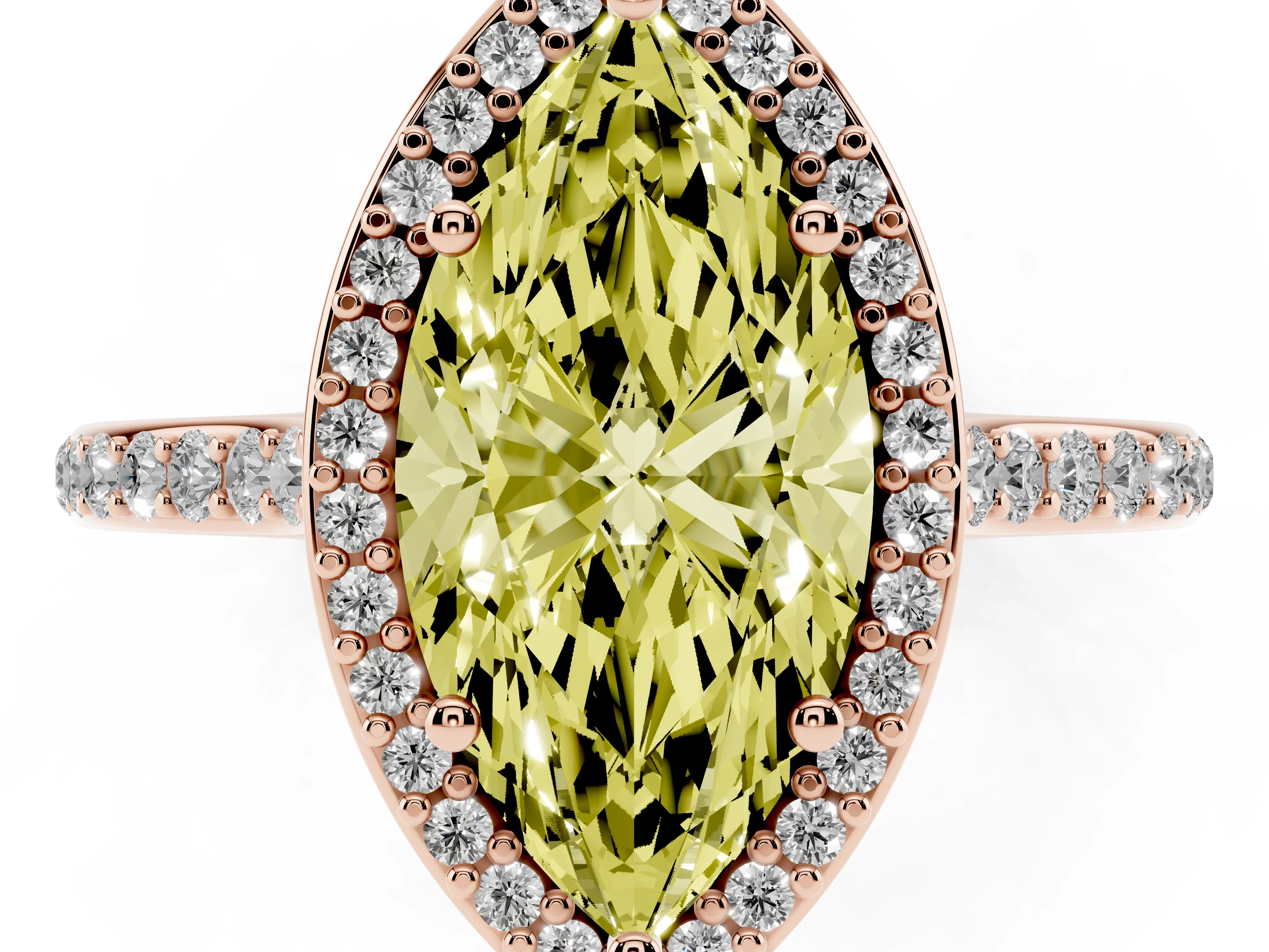 Fancy Yellow Marquise Cut Diamond Halo Engagement Ring Set in Rose gold with Round Pavé Shoulders and Heart Gallery