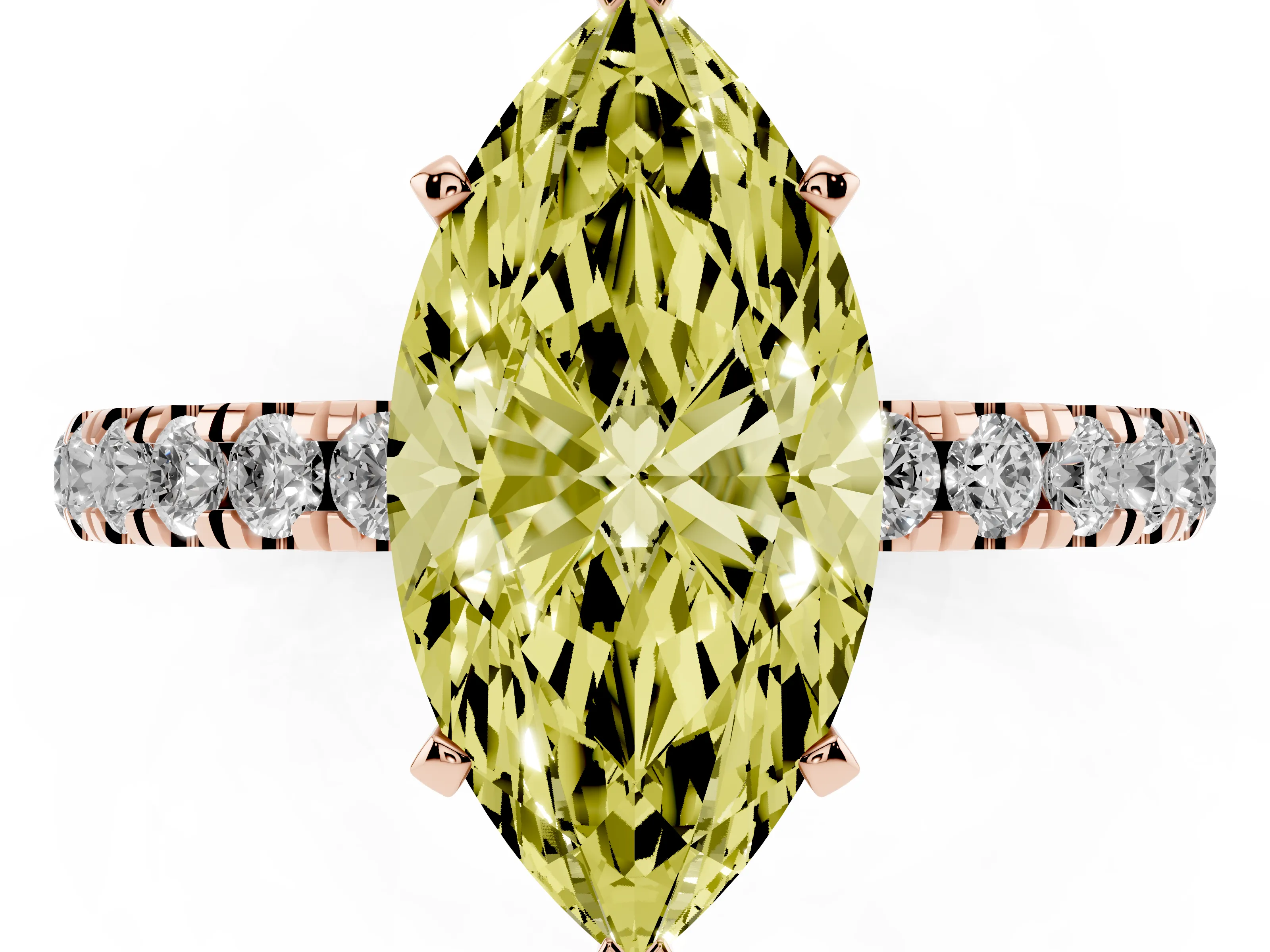 Fancy Yellow Marquise Cut Diamond Solitaire Ring Set in Rose gold with Pavé Accents and Prong Setting
