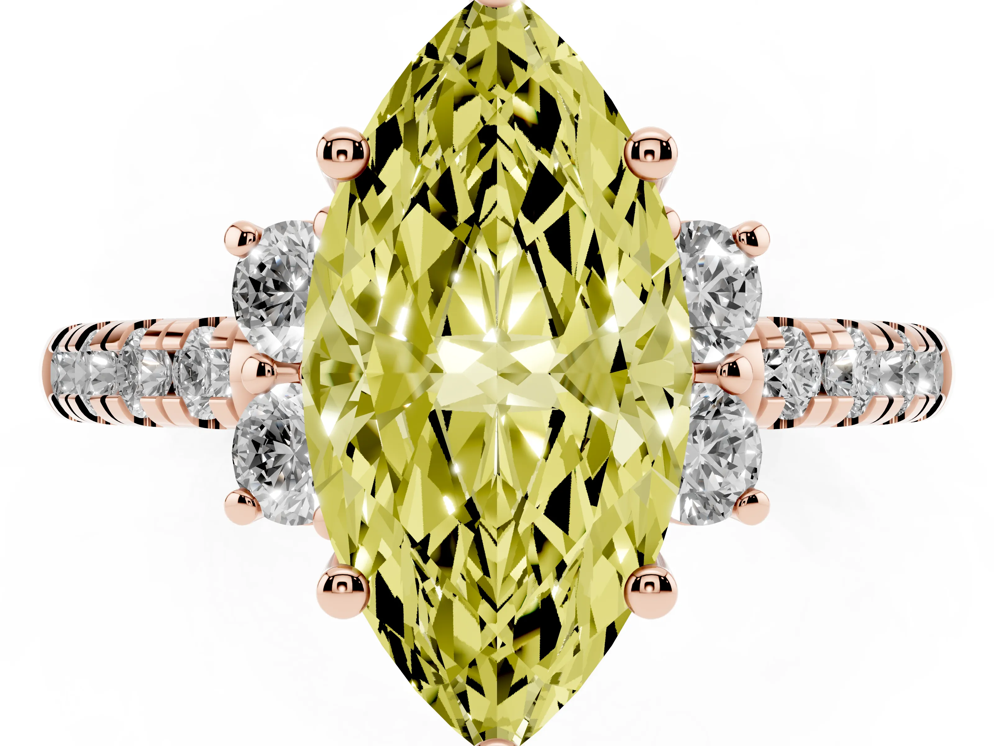 Fancy Yellow Marquise Cut Diamond Three-Stone Pavé Ring Set in Rose gold with Prong Setting