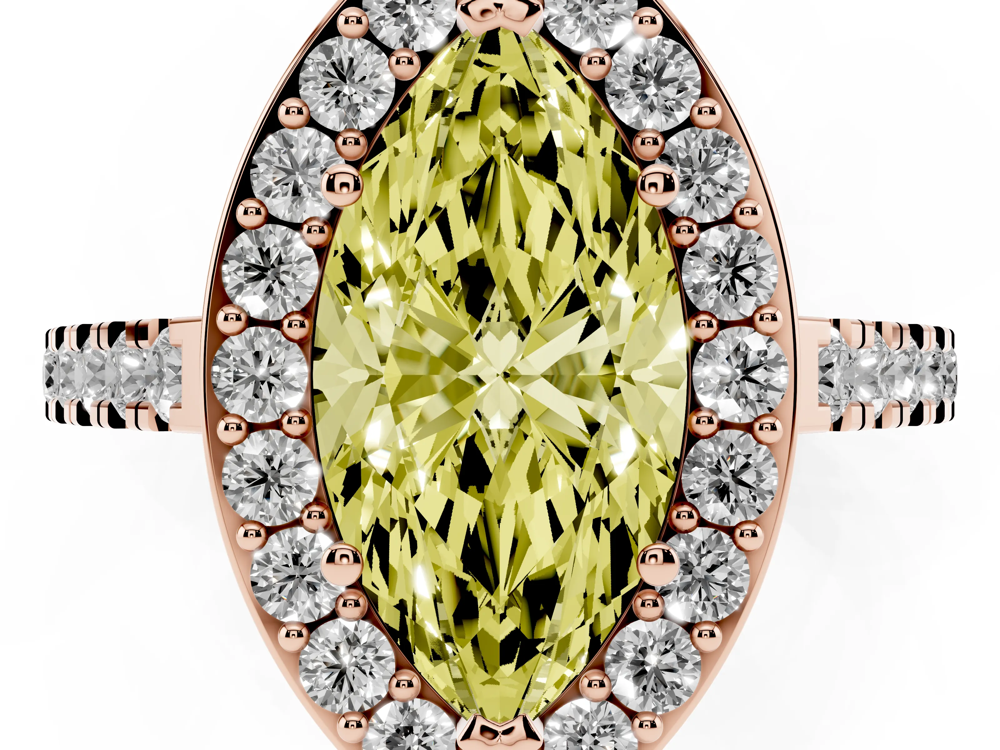 Fancy Yellow Marquise Cut Diamond Halo Ring Set in Rose gold with Round Pavé Split Shank and Prong Setting