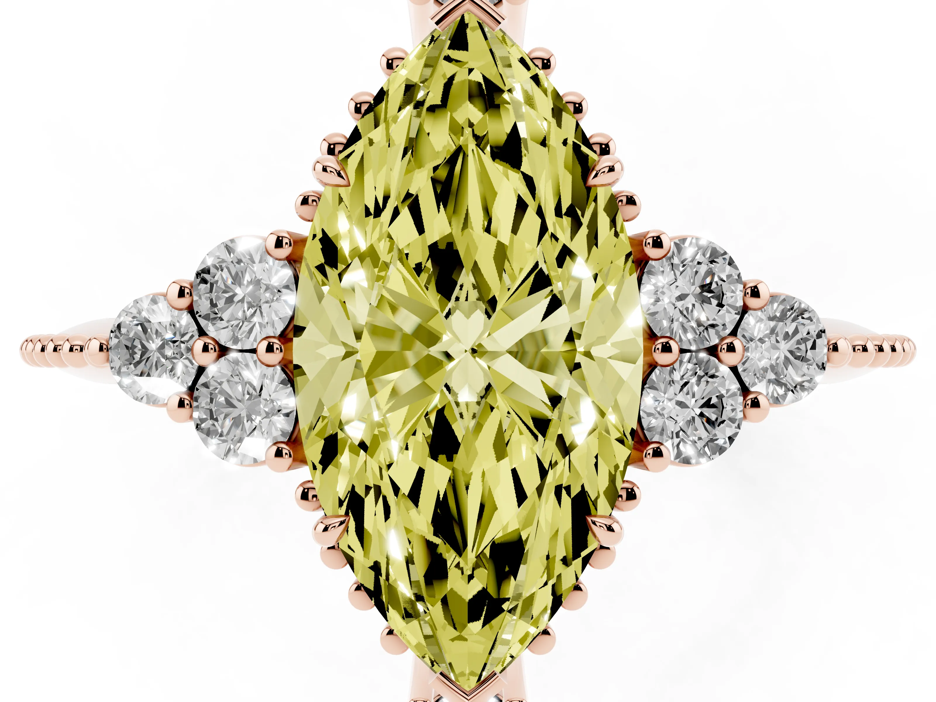 Fancy Yellow Marquise Cut Diamond Cluster Ring Set in Rose gold with Beaded Band