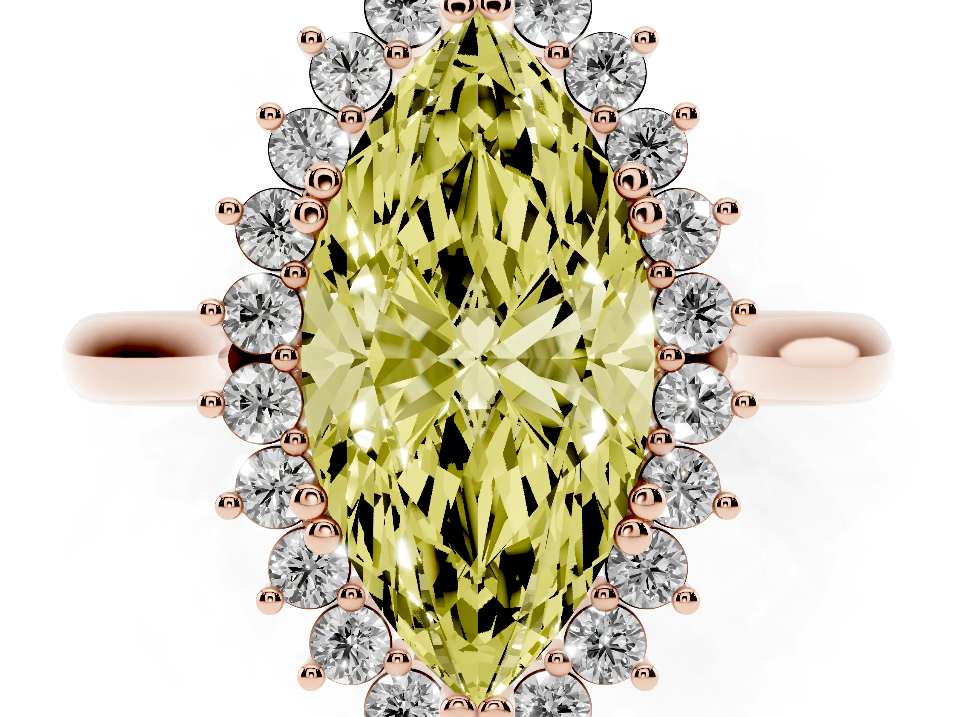 Fancy Yellow Marquise Cut Diamond Halo Ring Set in Rose gold with Plain Solitaire Band and Prong Setting