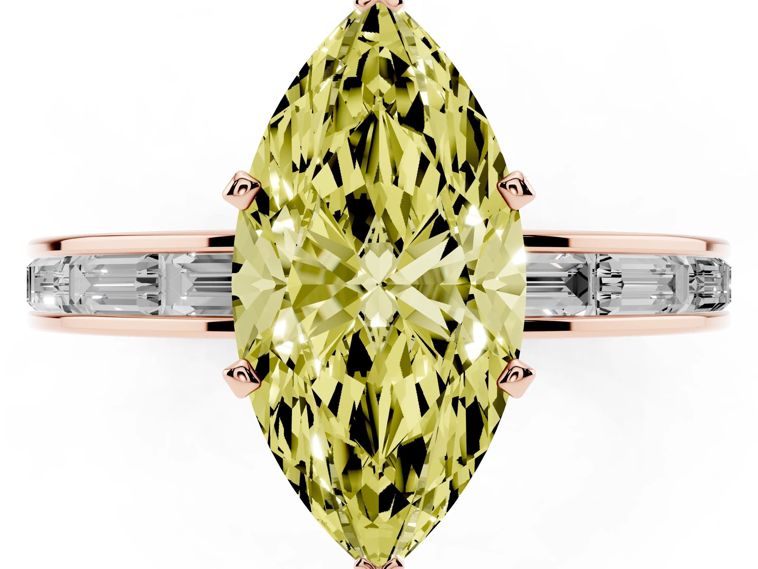 Fancy Yellow Marquise Cut Diamond Solitaire Ring Set in Rose gold with Channel-Set Baguette Band and Prong Setting