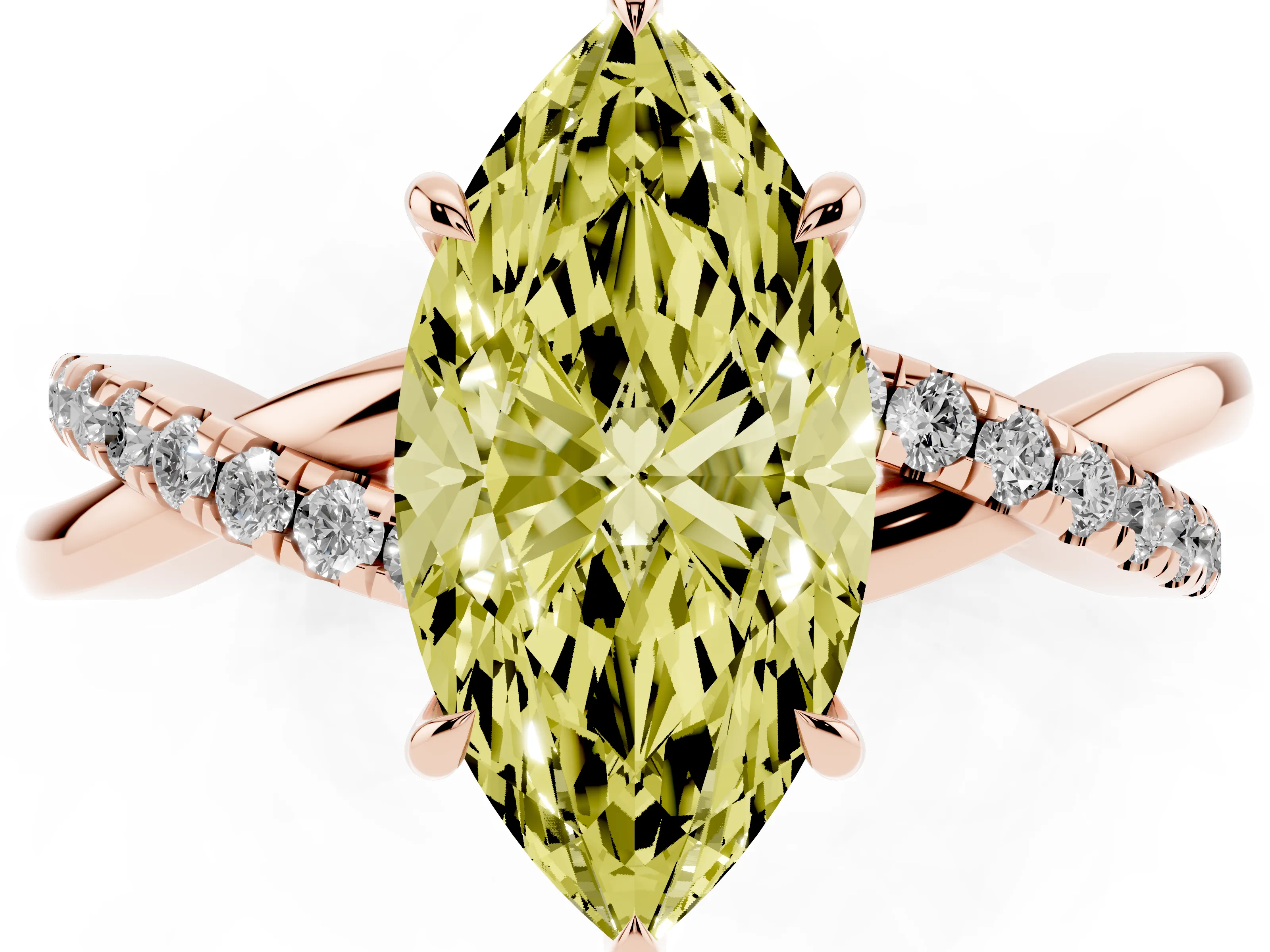 Fancy Yellow Marquise Cut Diamond Twisted Pavé Band Ring Set in Rose gold with Prong Setting