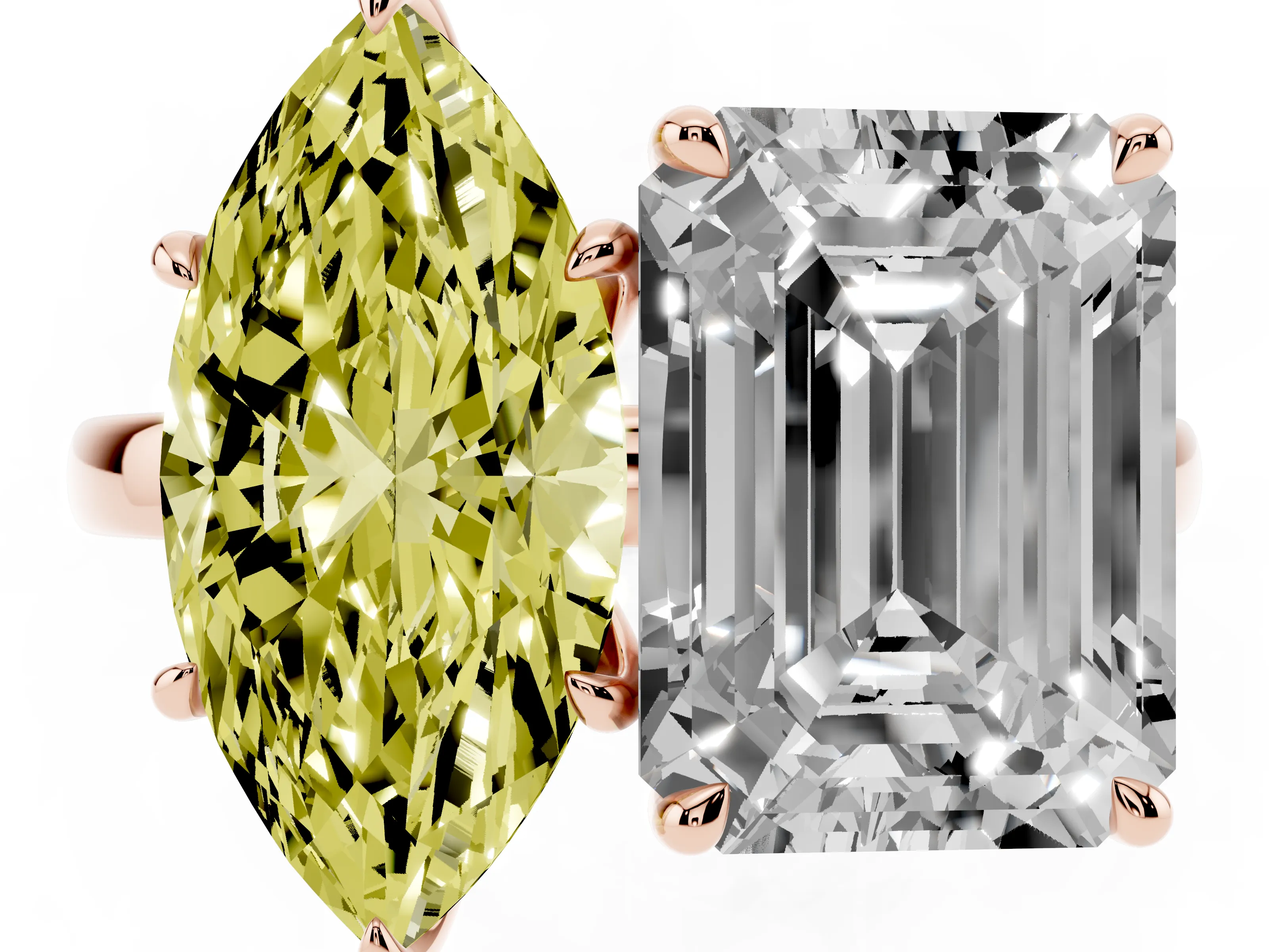Fancy Yellow Marquise Cut and Emerald Cut Toi Moi Ring Set in Rose gold with Prong Setting