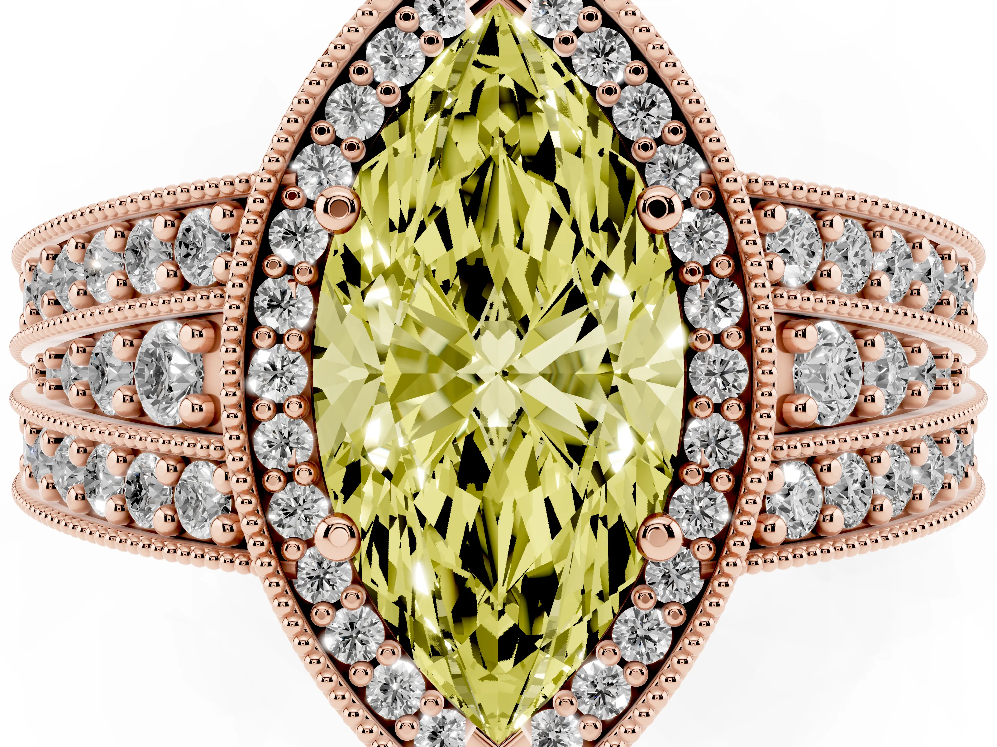 Fancy Yellow Marquise Cut Diamond Halo Ring Set in Rose gold with Accent Split Shank and Prong Setting