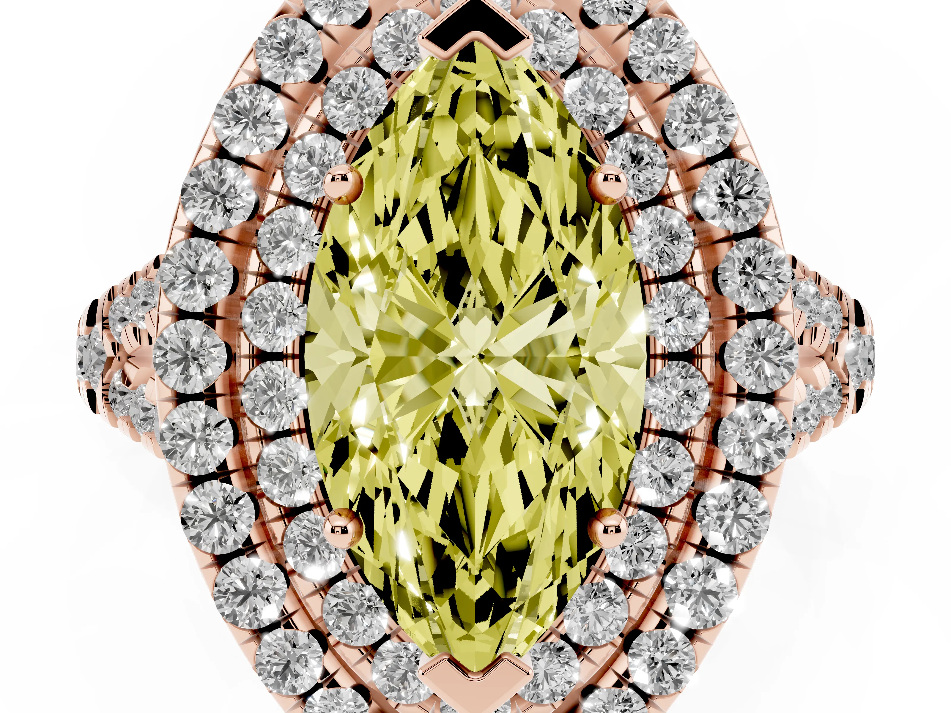 Fancy Yellow Marquise Cut Diamond Double Halo Ring Set in Rose gold with Pavé Split Shank and Prong Setting