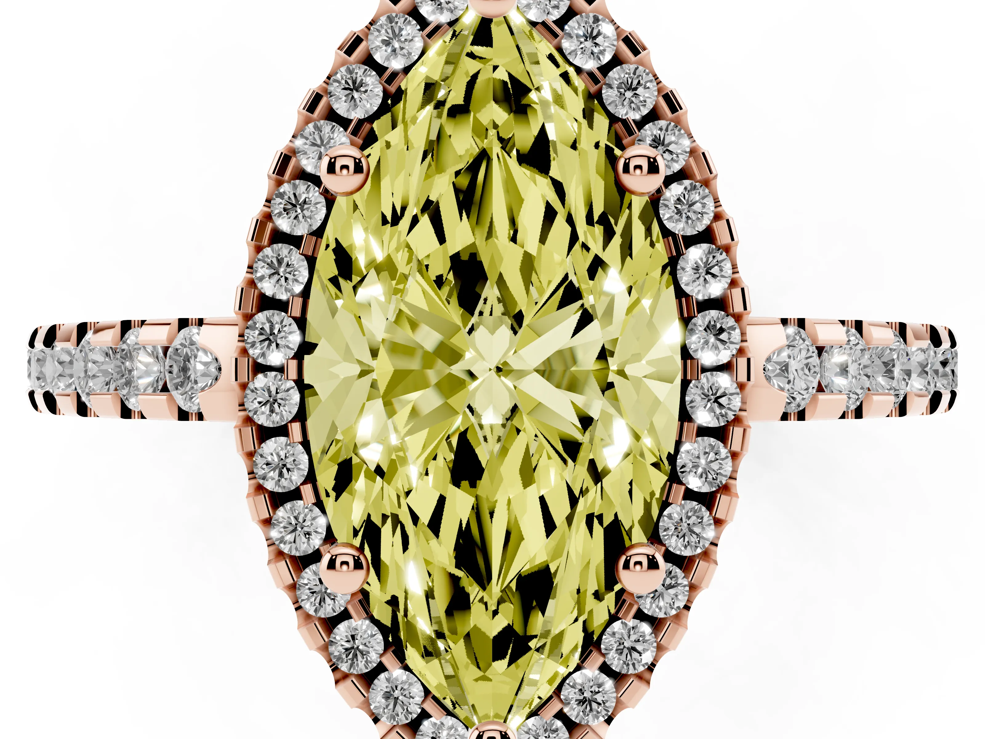 Fancy Yellow Marquise Cut Diamond Halo Ring Set in Rose gold with Pavé Shoulders and Halo-Framed Center