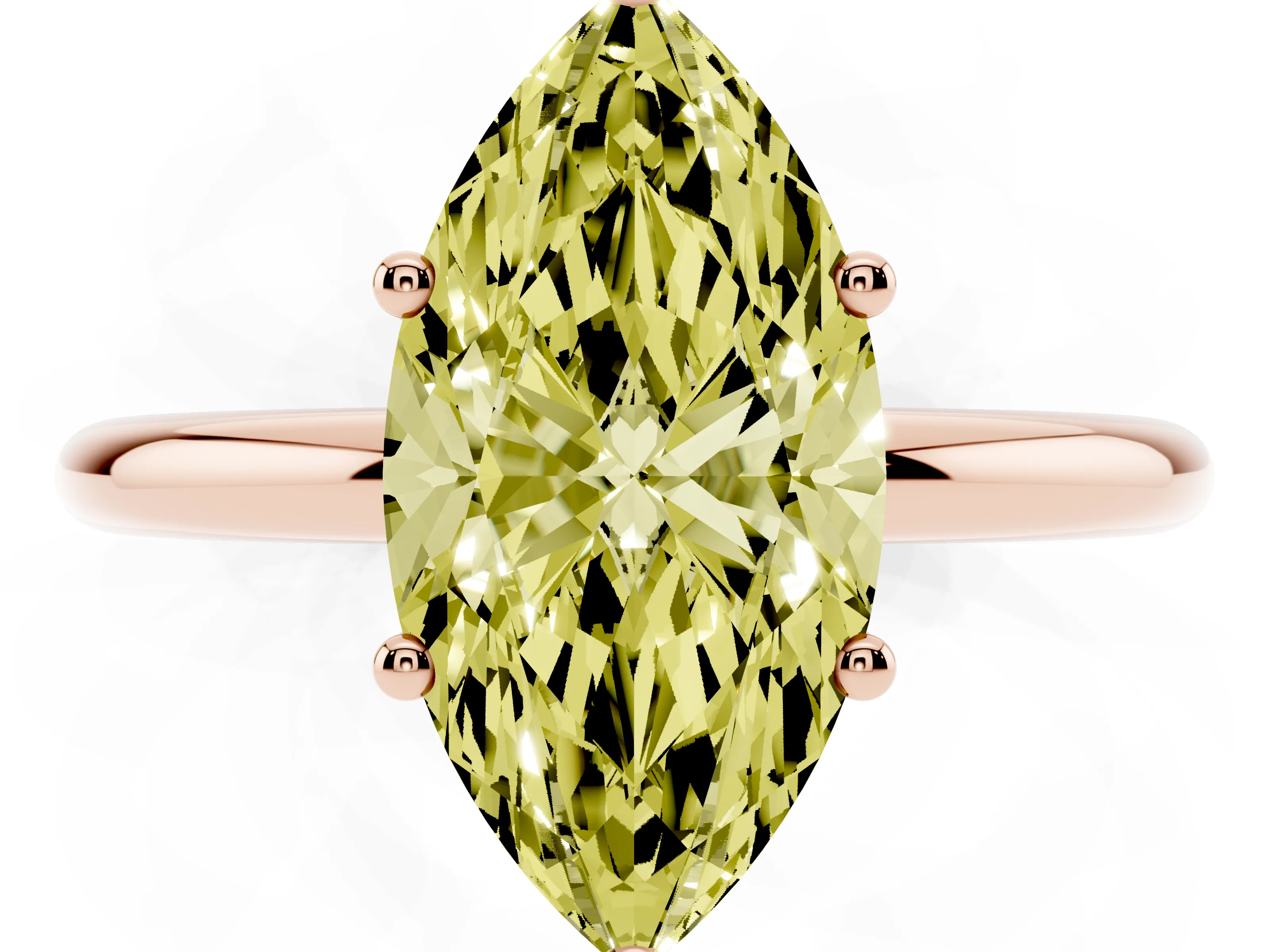 Fancy Yellow Marquise Cut Diamond Solitaire Engagement Ring Set in Rose gold with Prong Setting and Polished Band