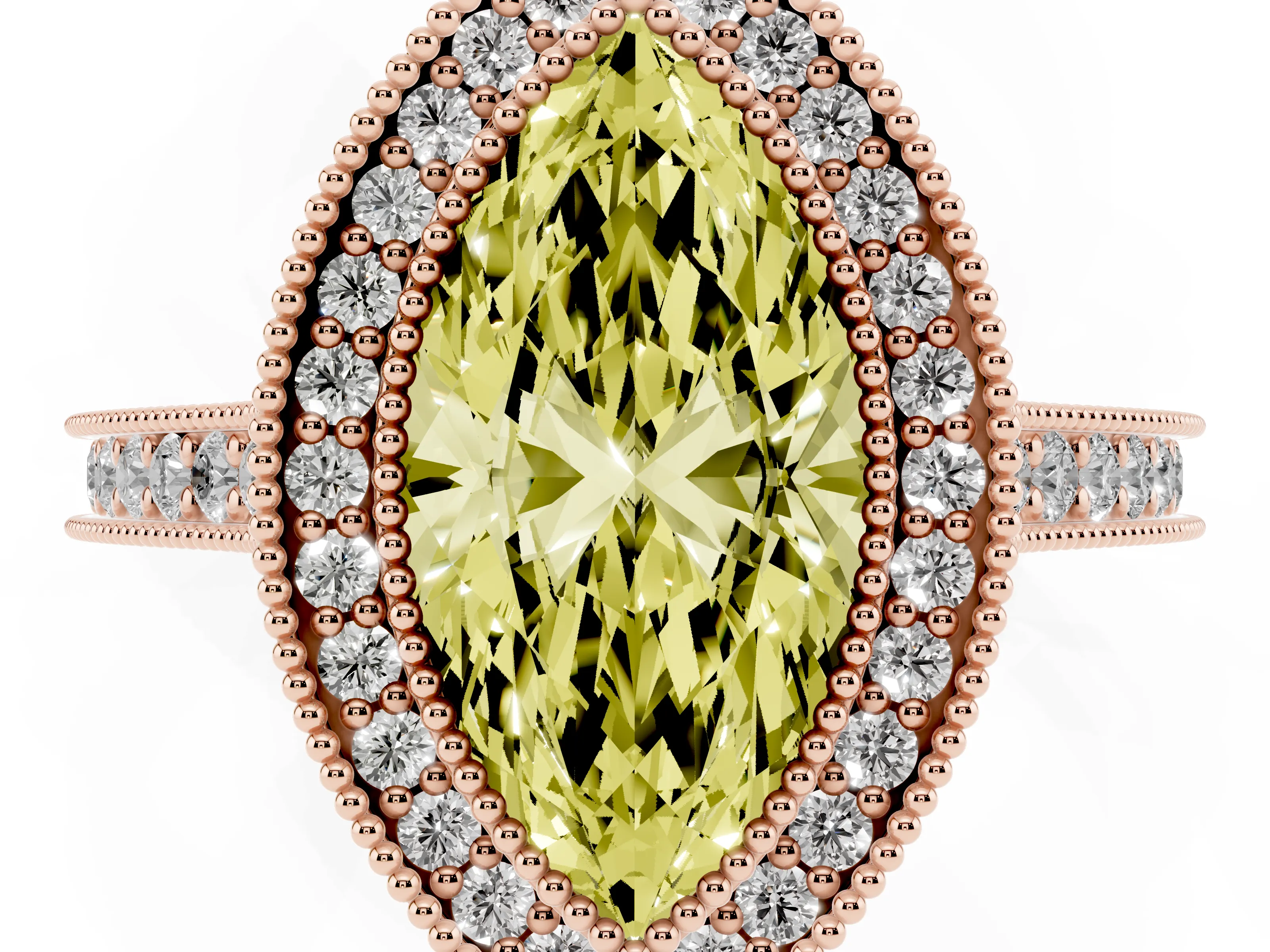 Fancy Yellow Marquise Cut Diamond Halo Milgrain Pavé Band Ring Set in Rose gold with Prong Setting