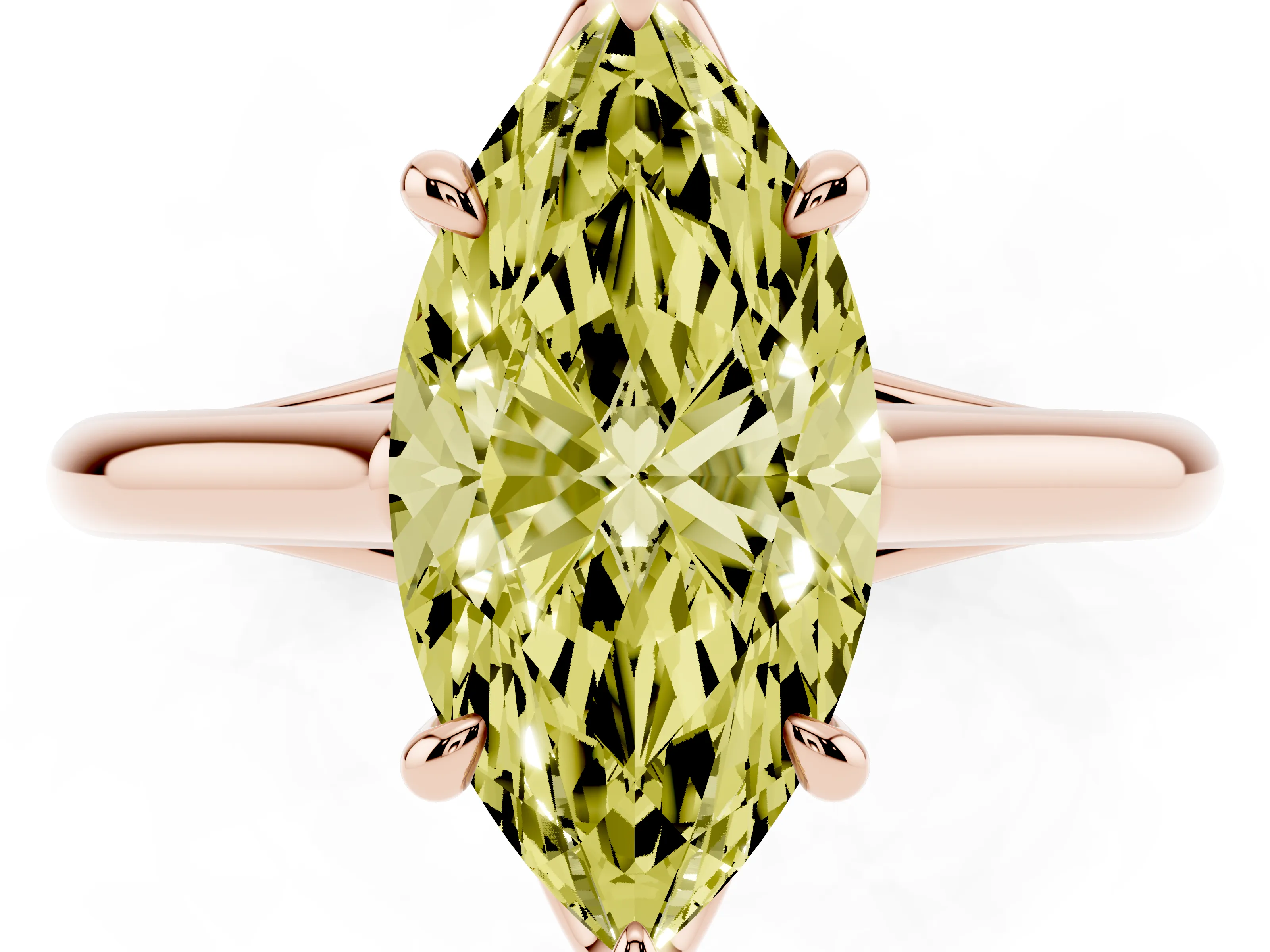 Fancy Yellow Marquise Cut Diamond Solitaire Engagement Ring Set in Rose gold with Prong Setting and Plain Classic Band
