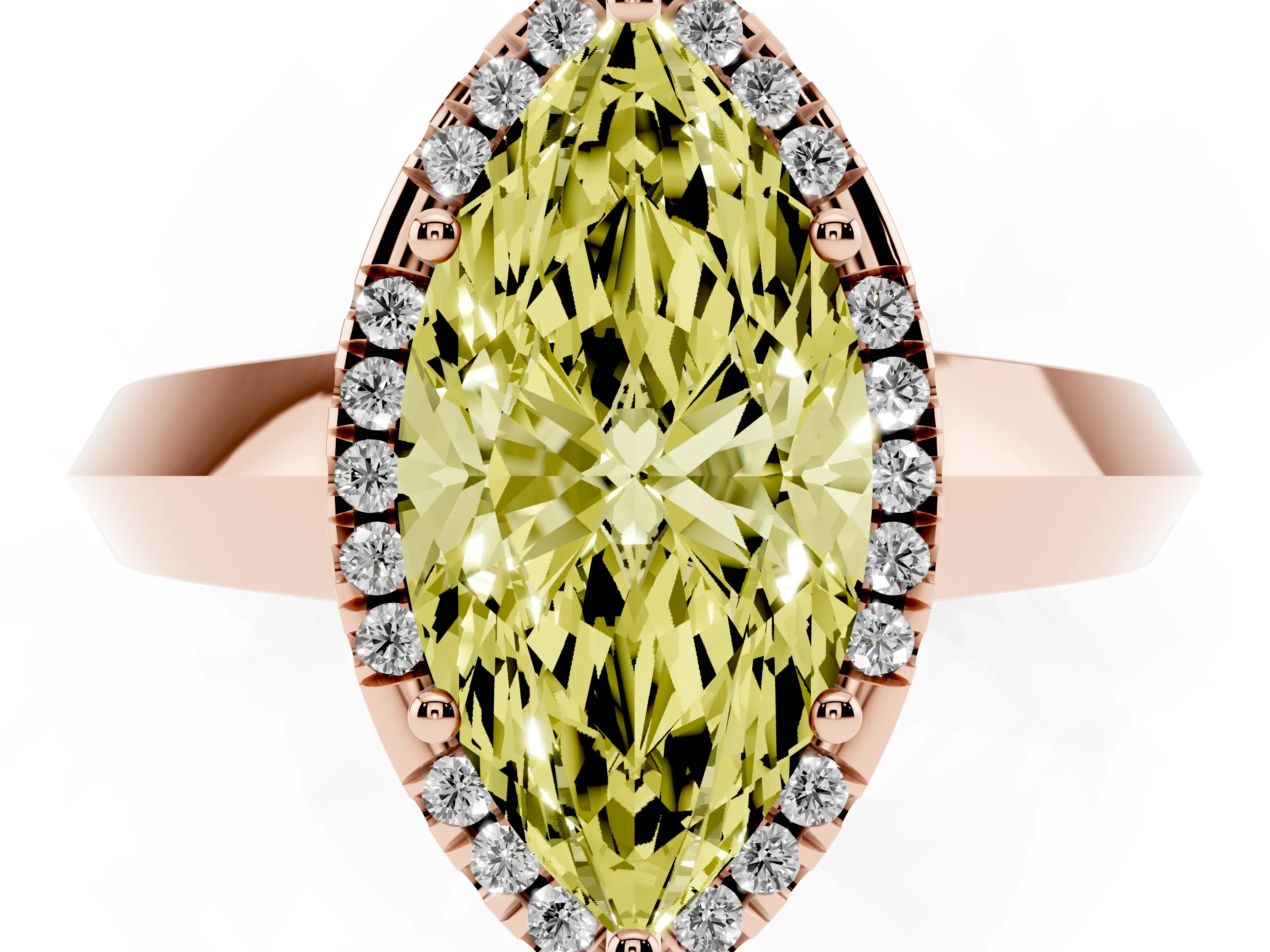Fancy Yellow Marquise Cut Diamond Halo Ring Set in Rose gold with Cathedral Band and Prong Setting
