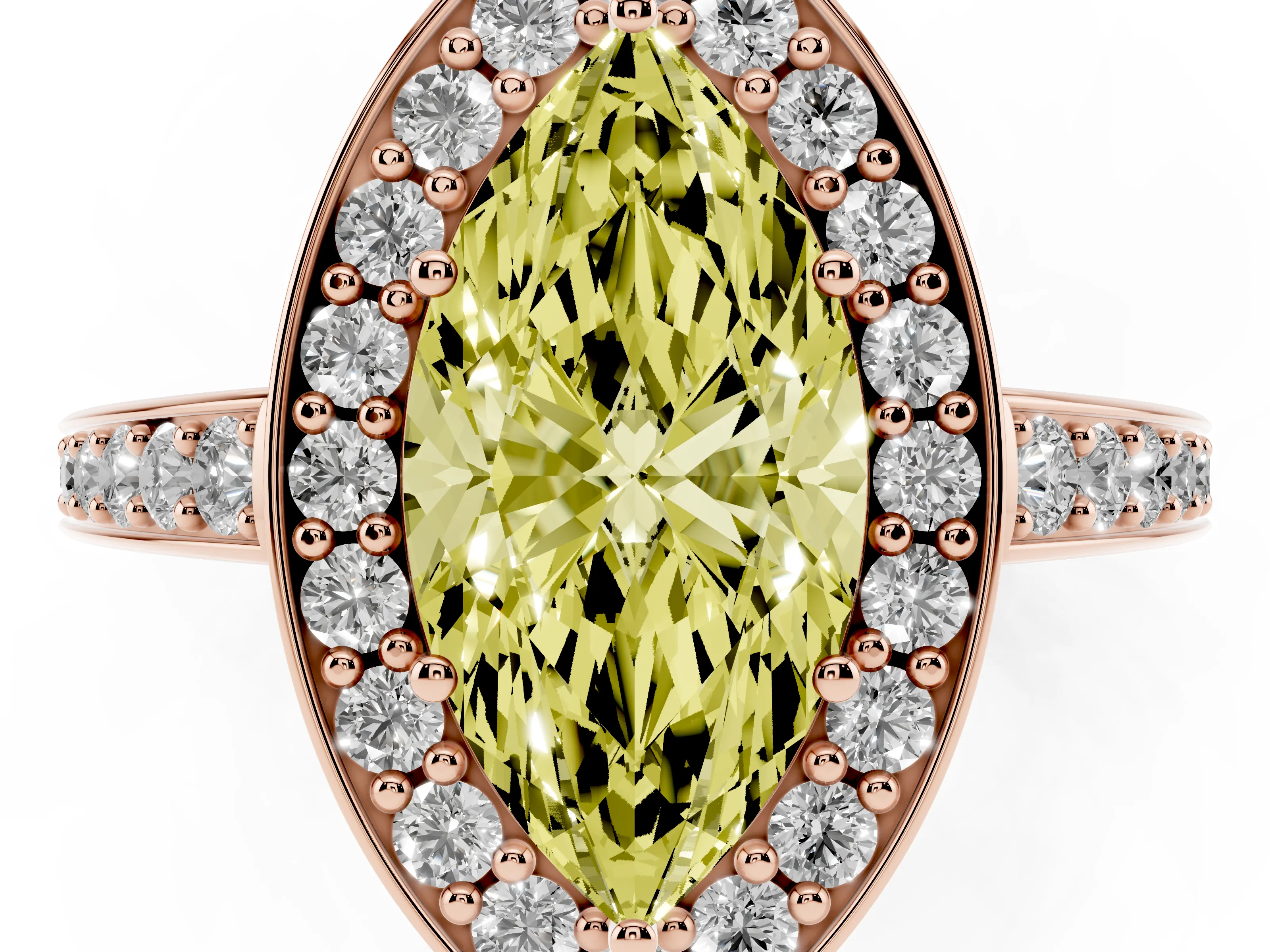 Fancy Yellow Marquise Cut Diamond Halo Pavé Engagement Ring Set in Rose gold with Bezel Setting