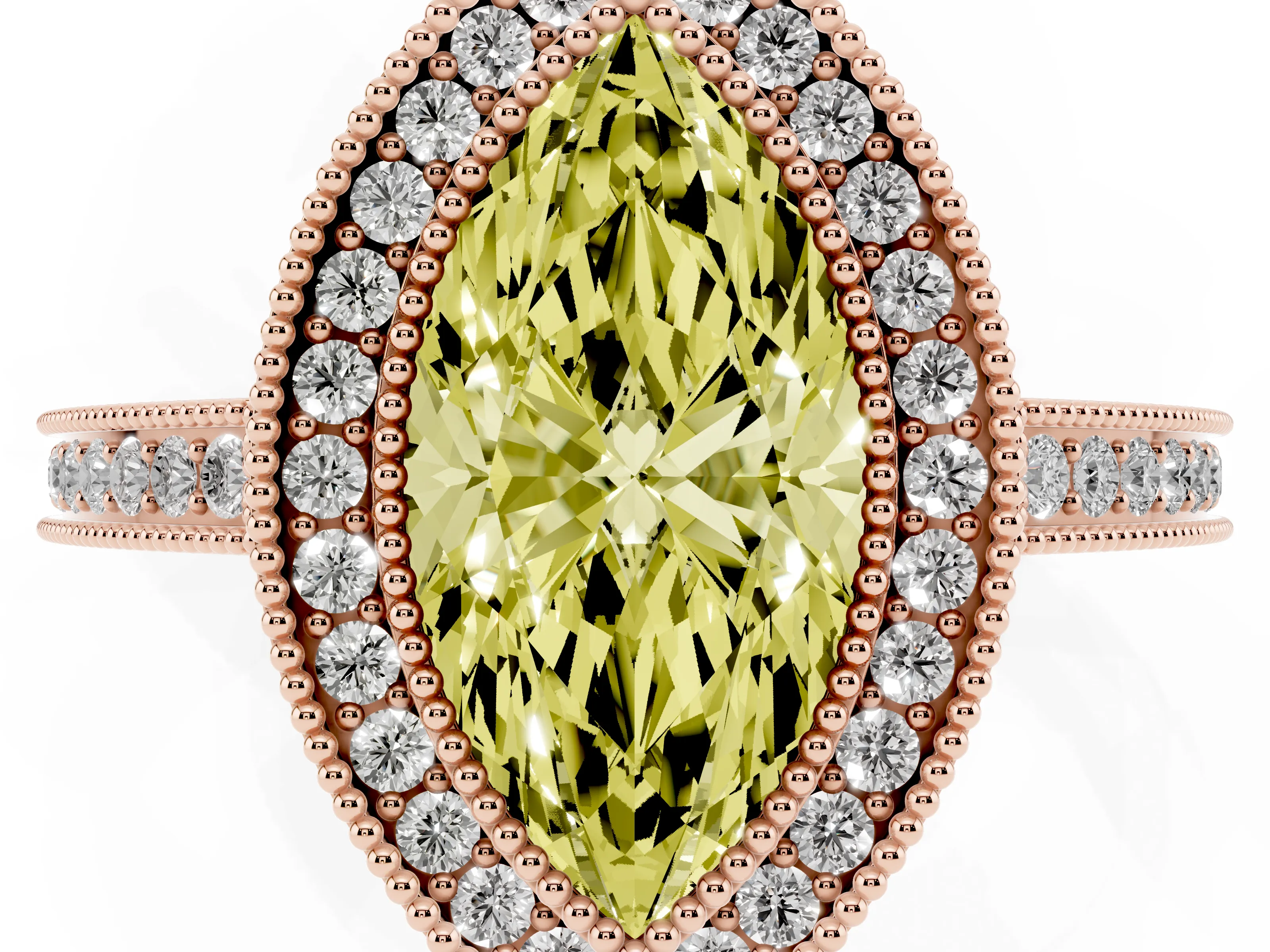 Fancy Yellow Marquise Cut Diamond Halo Ring Set in Rose gold with Pavé Band and Milgrain-Edged Prongs