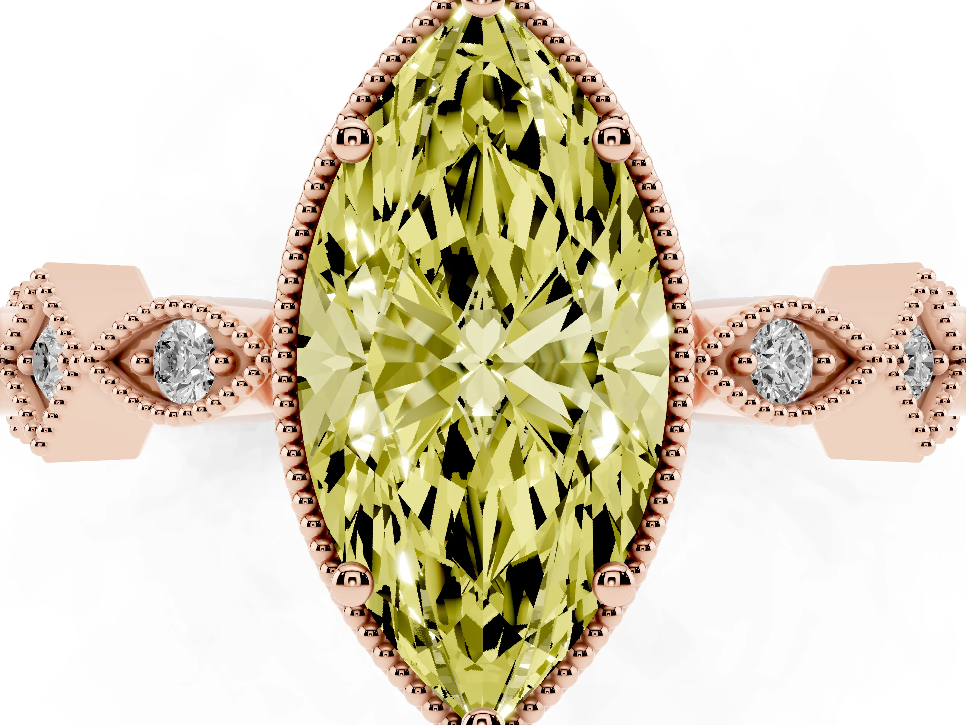 Fancy Yellow Marquise Cut Diamond Milgrain Marquise Twist Band Ring Set in Rose gold with Prong Setting