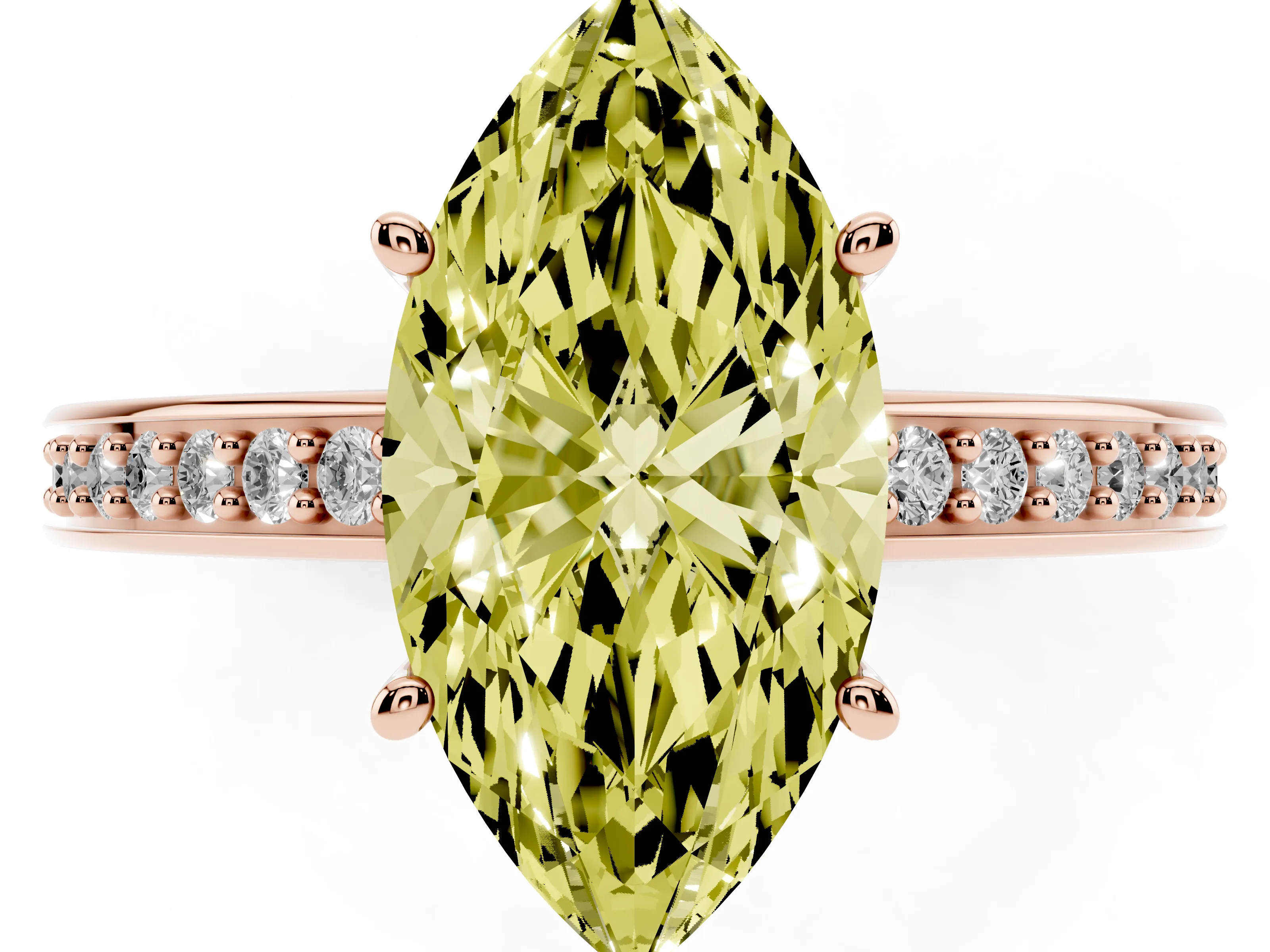 Fancy Yellow Marquise Cut Diamond Pavé Band Prong Set Solitaire Ring Set in Rose gold
