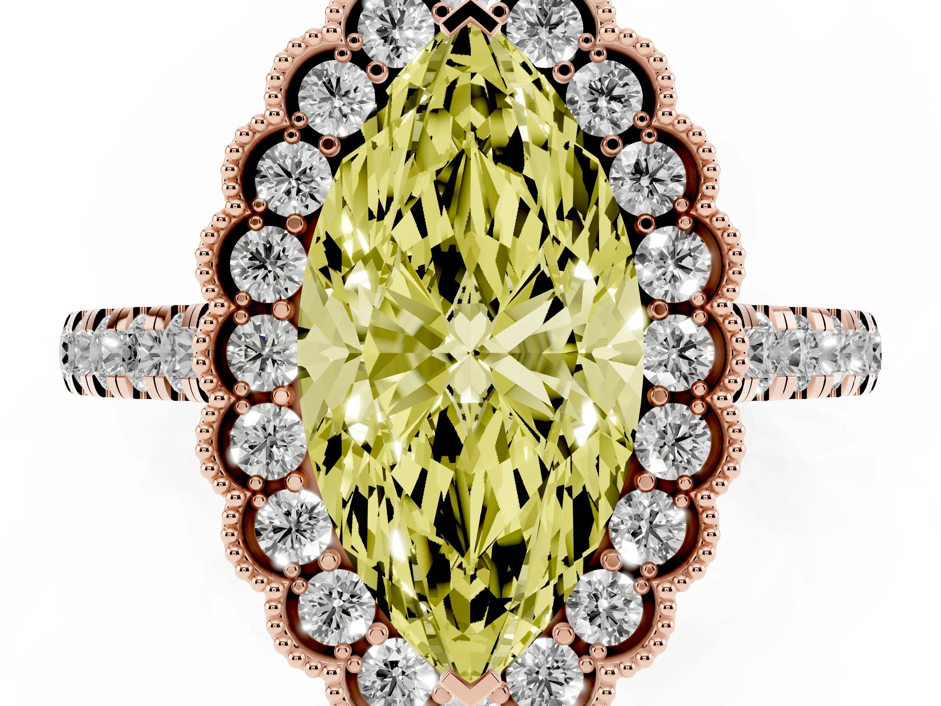 Fancy Yellow Marquise Cut Diamond Milgrain Floral Halo Engagement Ring Set in Rose gold with Pavé Band