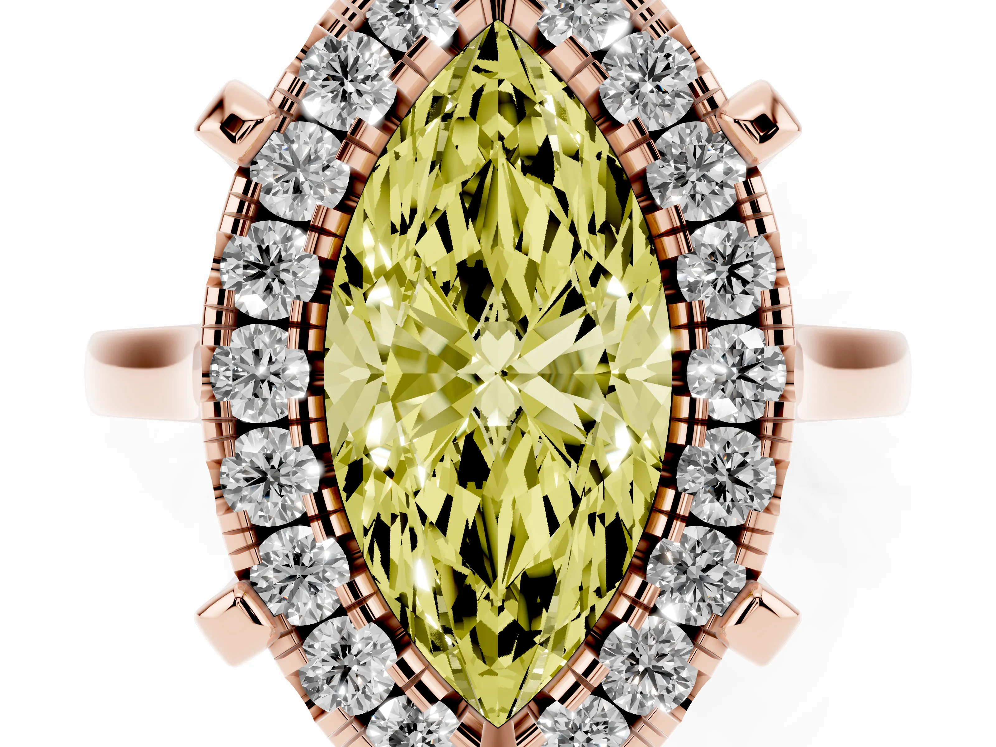 Fancy Yellow Marquise Cut Diamond Cluster Halo Solitaire Ring Set in Rose gold with Prong Setting