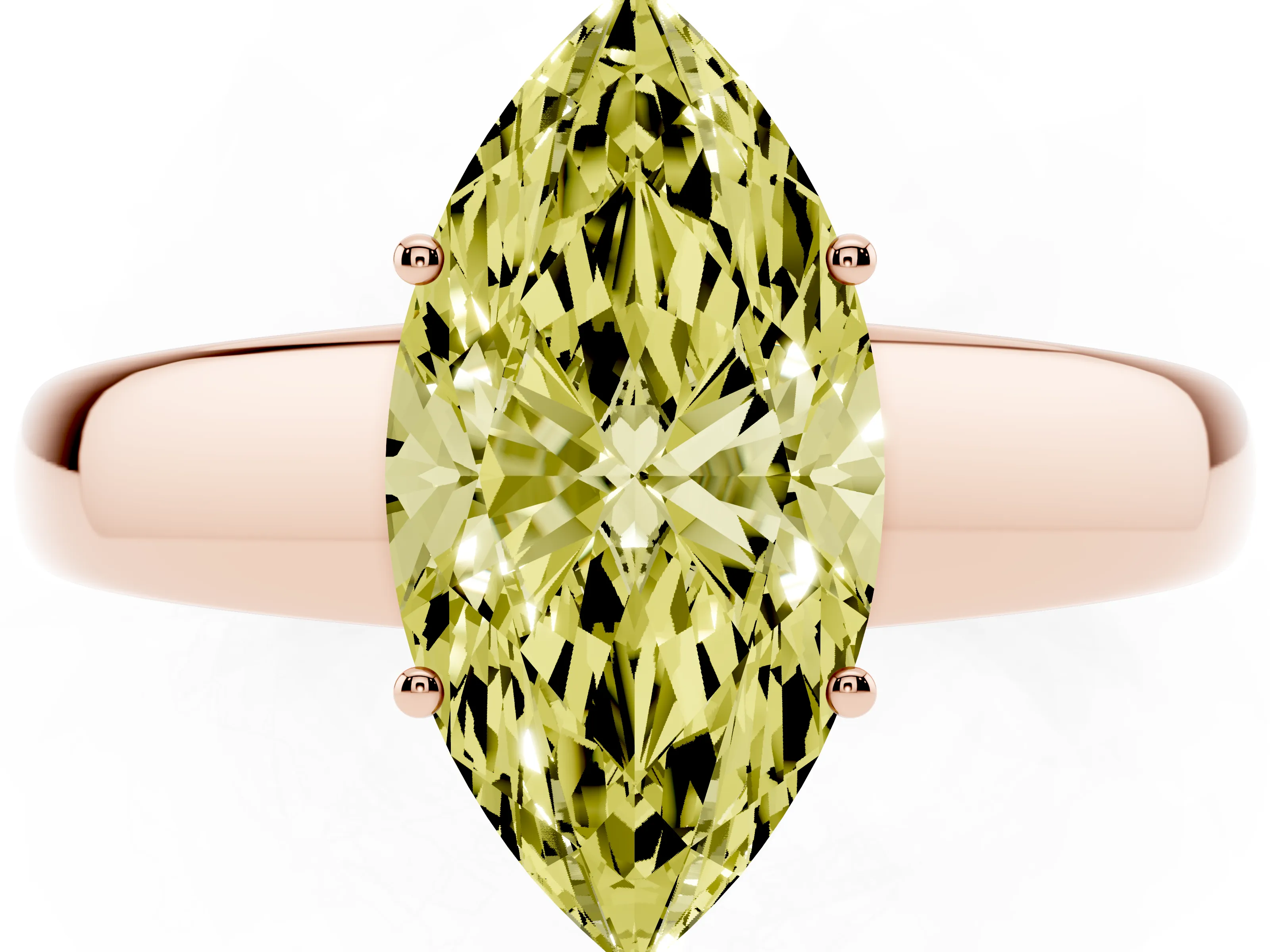 Fancy Yellow Marquise Cut Diamond Solitaire Ring Set in Rose gold with Tapered Band and Prong Setting