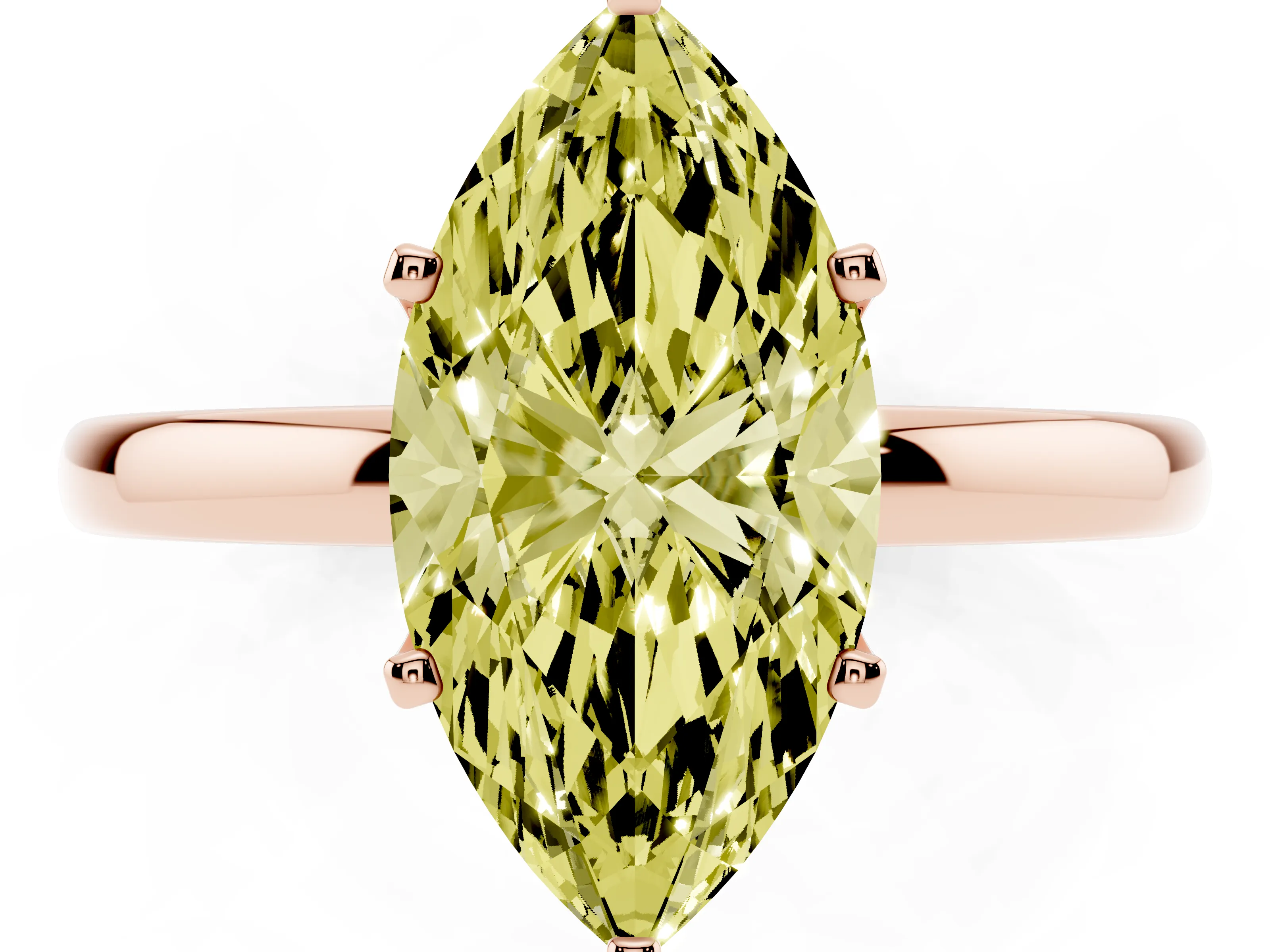 Fancy Yellow Marquise Cut Diamond Solitaire Ring Set in Rose gold with Raised Prong Setting on a Classic Band