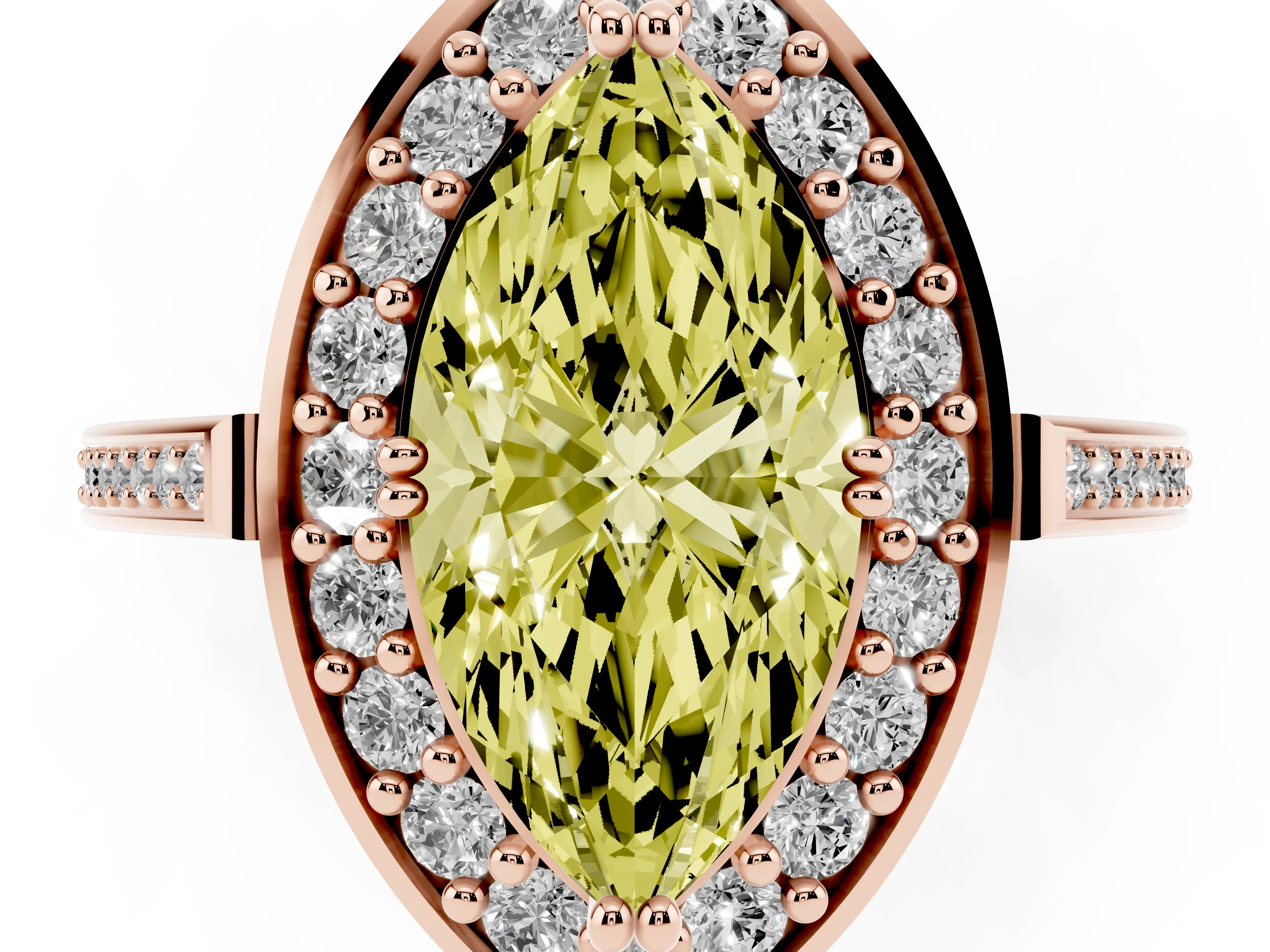 Fancy Yellow Marquise Cut Diamond Halo Ring Set in Rose gold with Accent-Lined Split Shank and Prong Setting