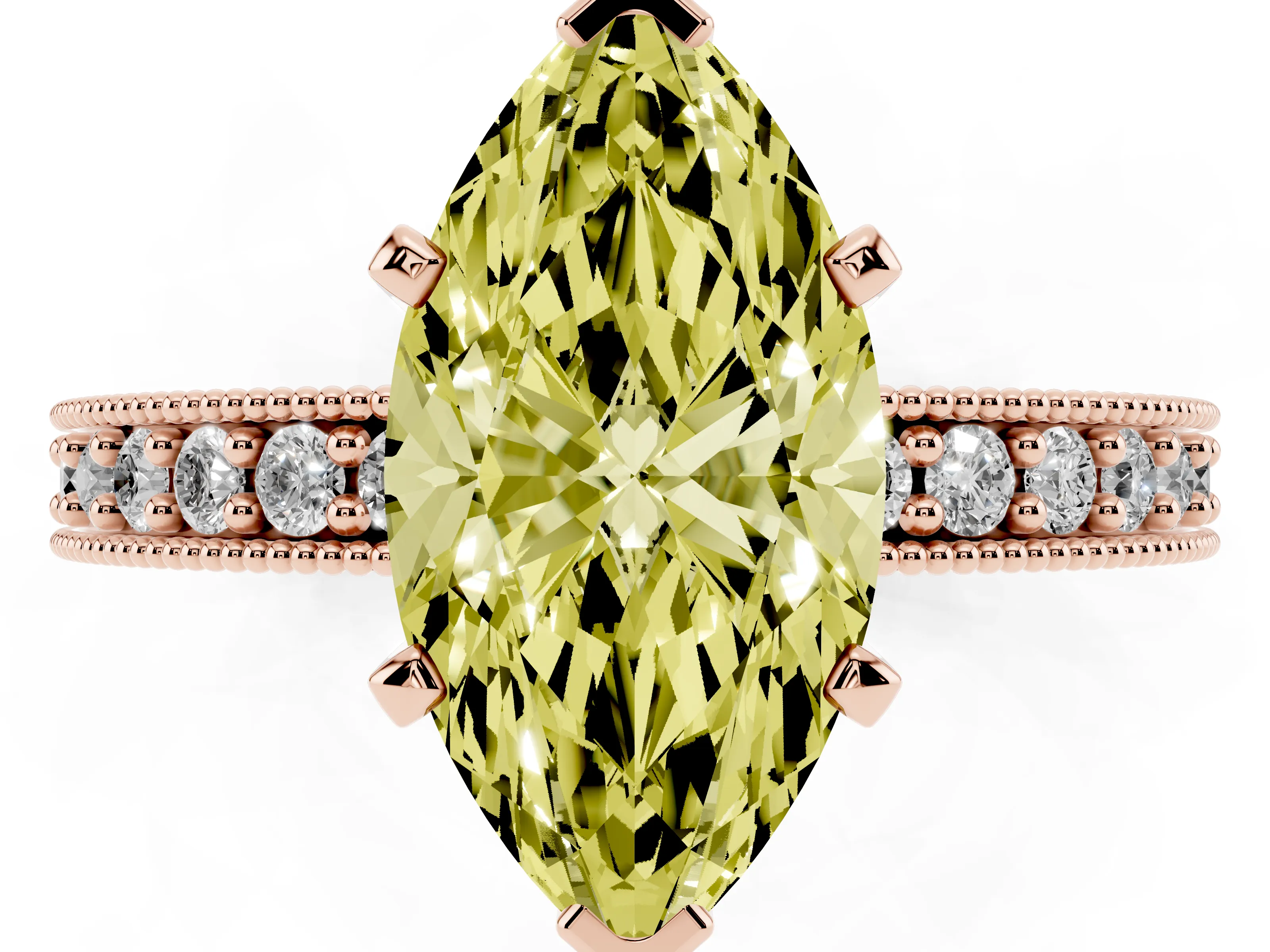 Fancy Yellow Marquise Cut Diamond Milgrain Pavé Engagement Ring Set in Rose gold with Prong Setting