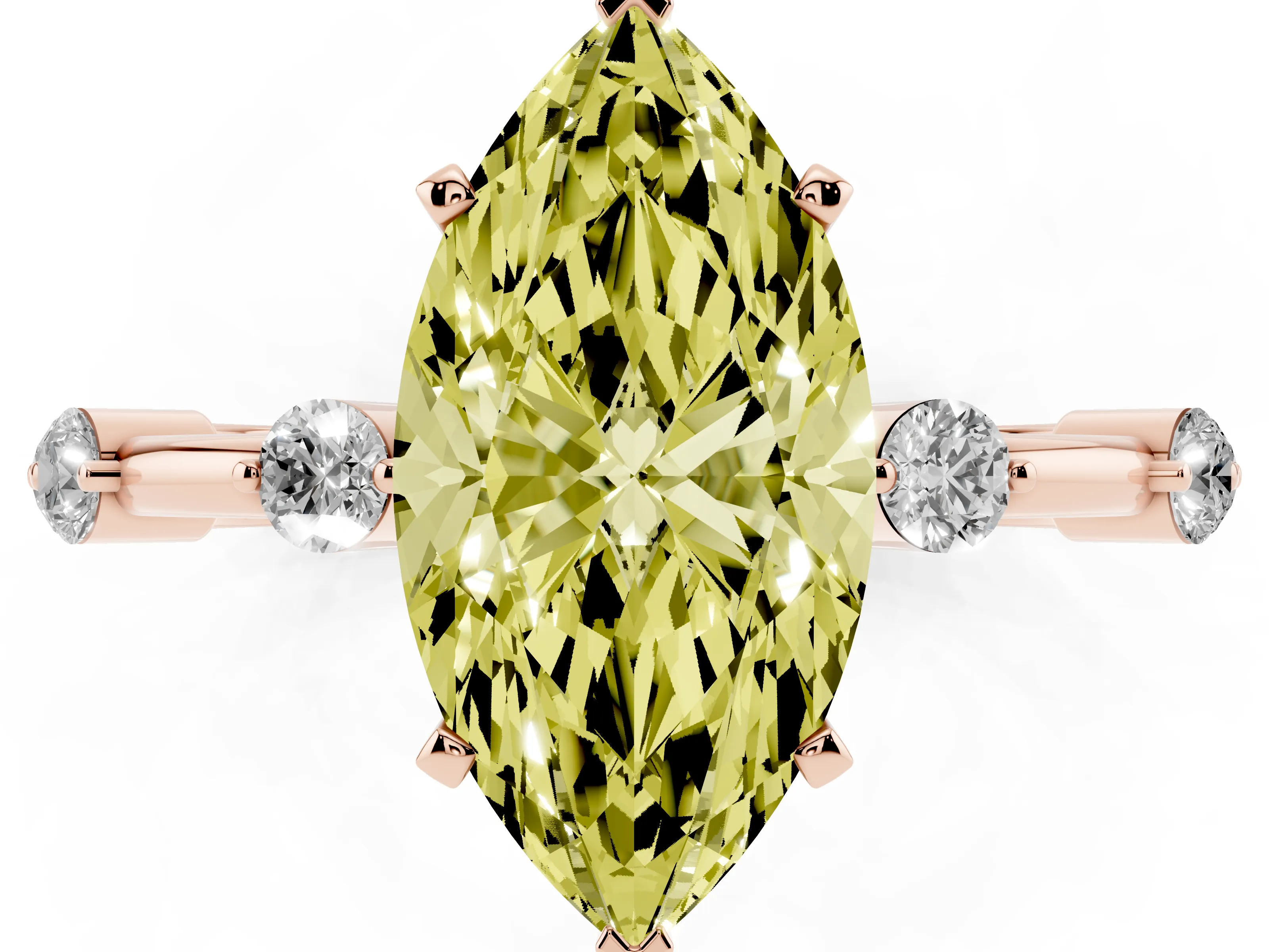 Fancy Yellow Marquise Cut Diamond Solitaire Ring Set in Rose gold with Bezel Set Side Stones and Prong Setting