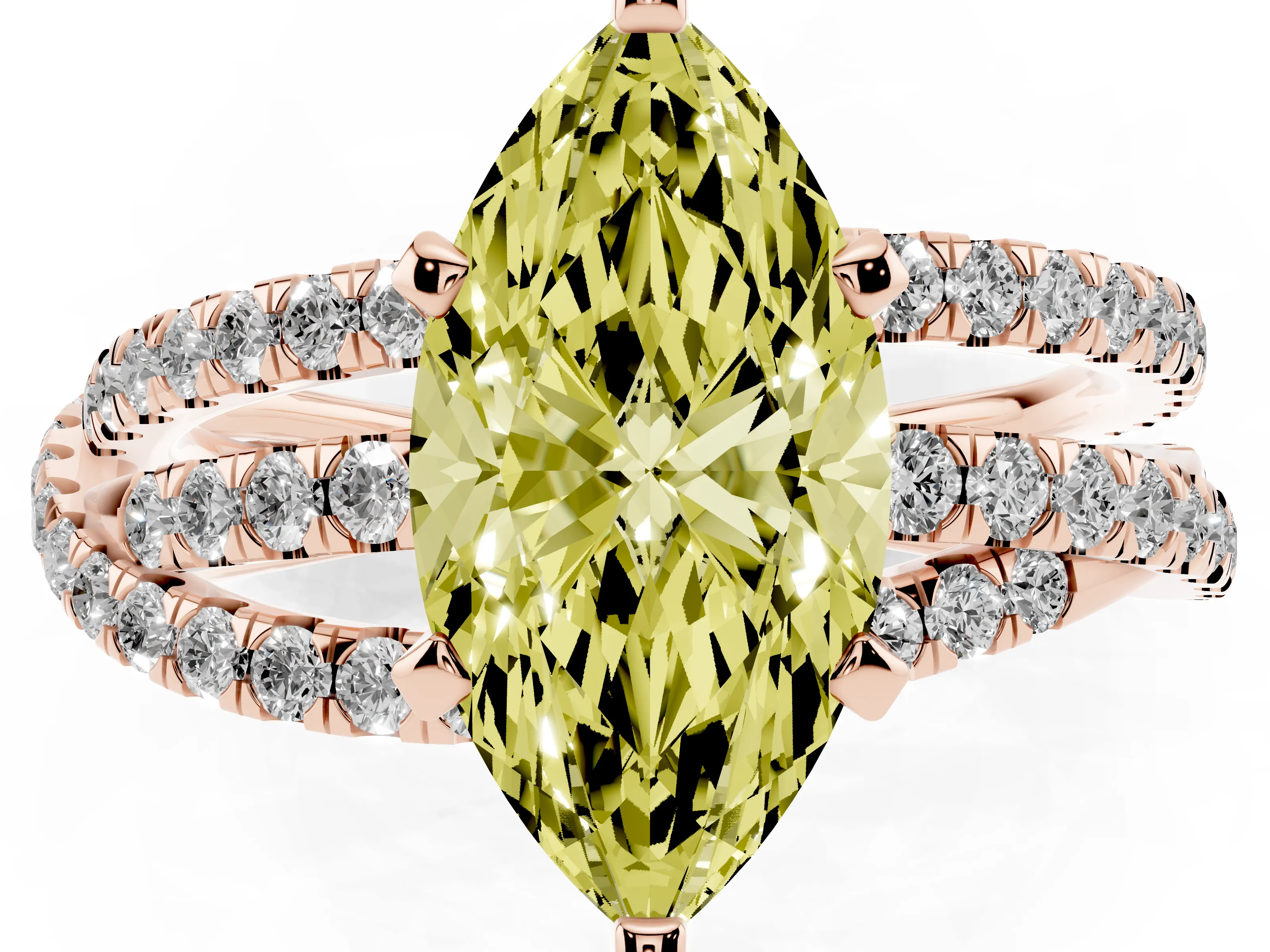Fancy Yellow Marquise Cut Diamond Solitaire Twist Band Ring Set in Rose gold with Pavé Setting and Prong Head
