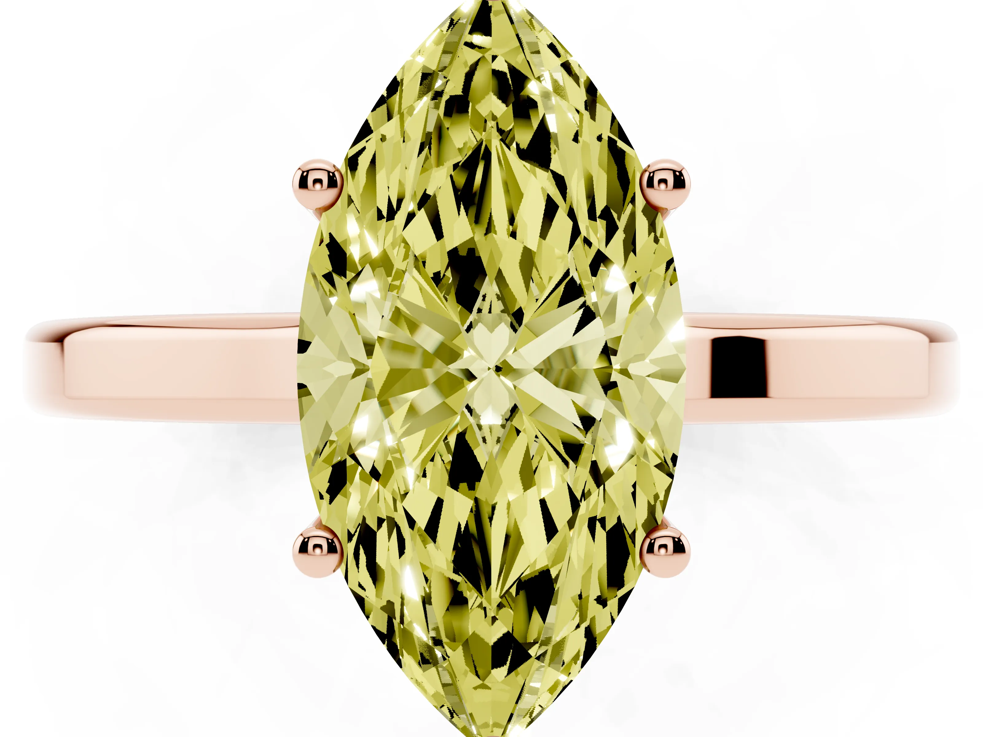 Fancy Yellow Marquise Cut Diamond Solitaire Engagement Ring Set in Rose gold with Prong Setting on a Plain Band