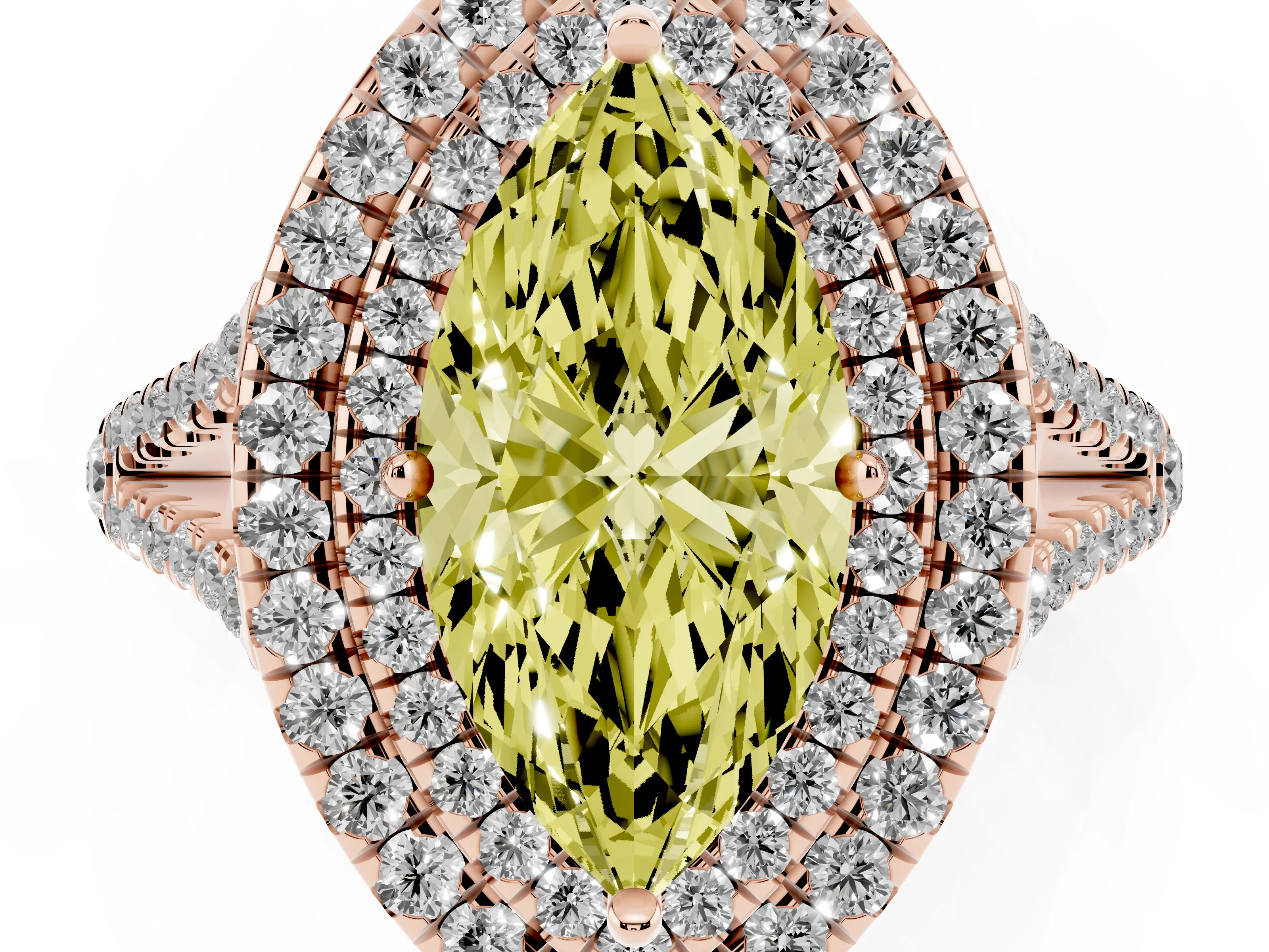Fancy Yellow Marquise Cut Diamond Double Halo Ring Set in Rose gold with Pavé Band