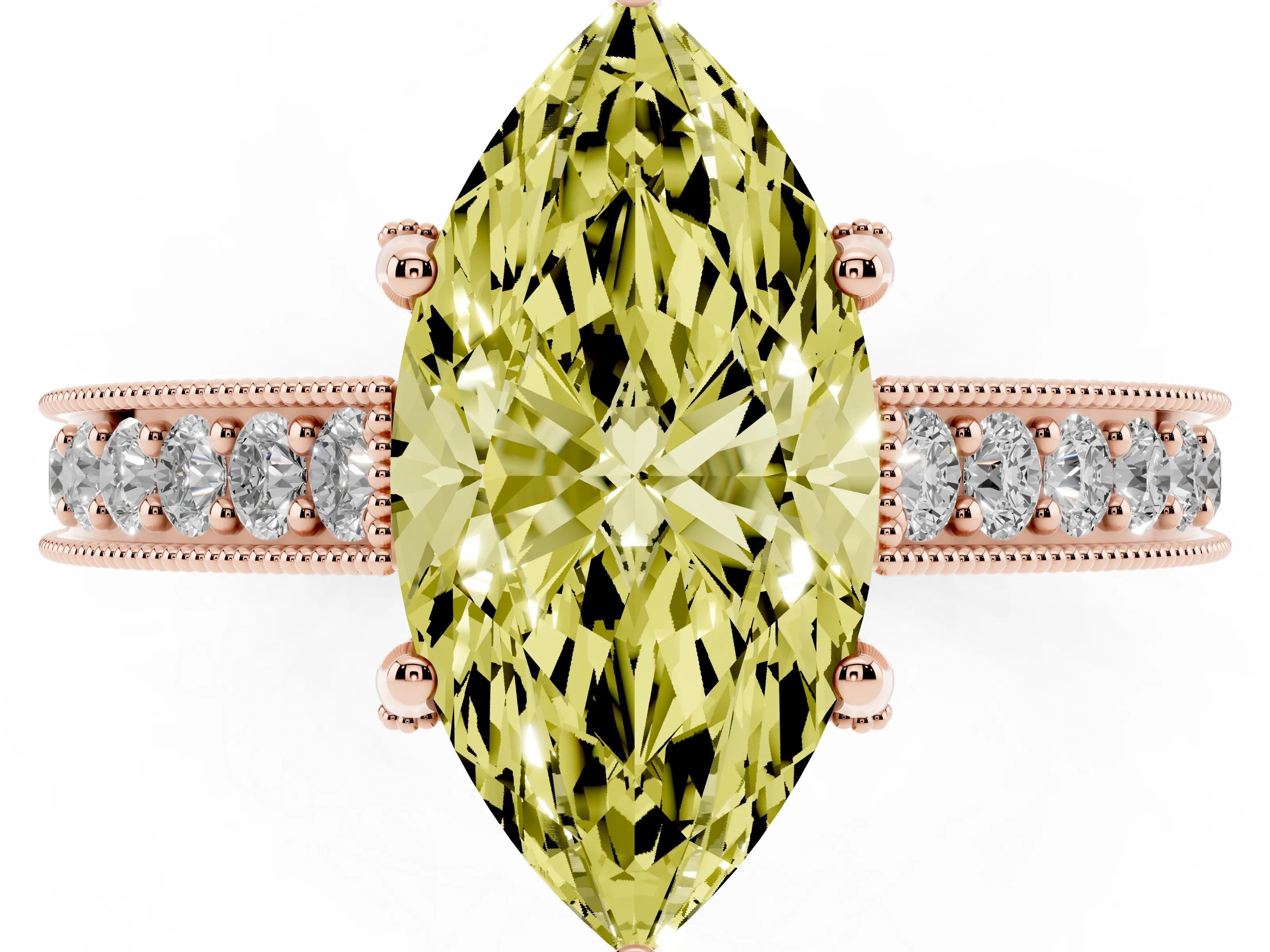 Fancy Yellow Marquise Cut Diamond Solitaire Ring Set in Rose gold with Milgrain-Edged Pavé Band and Prong Setting