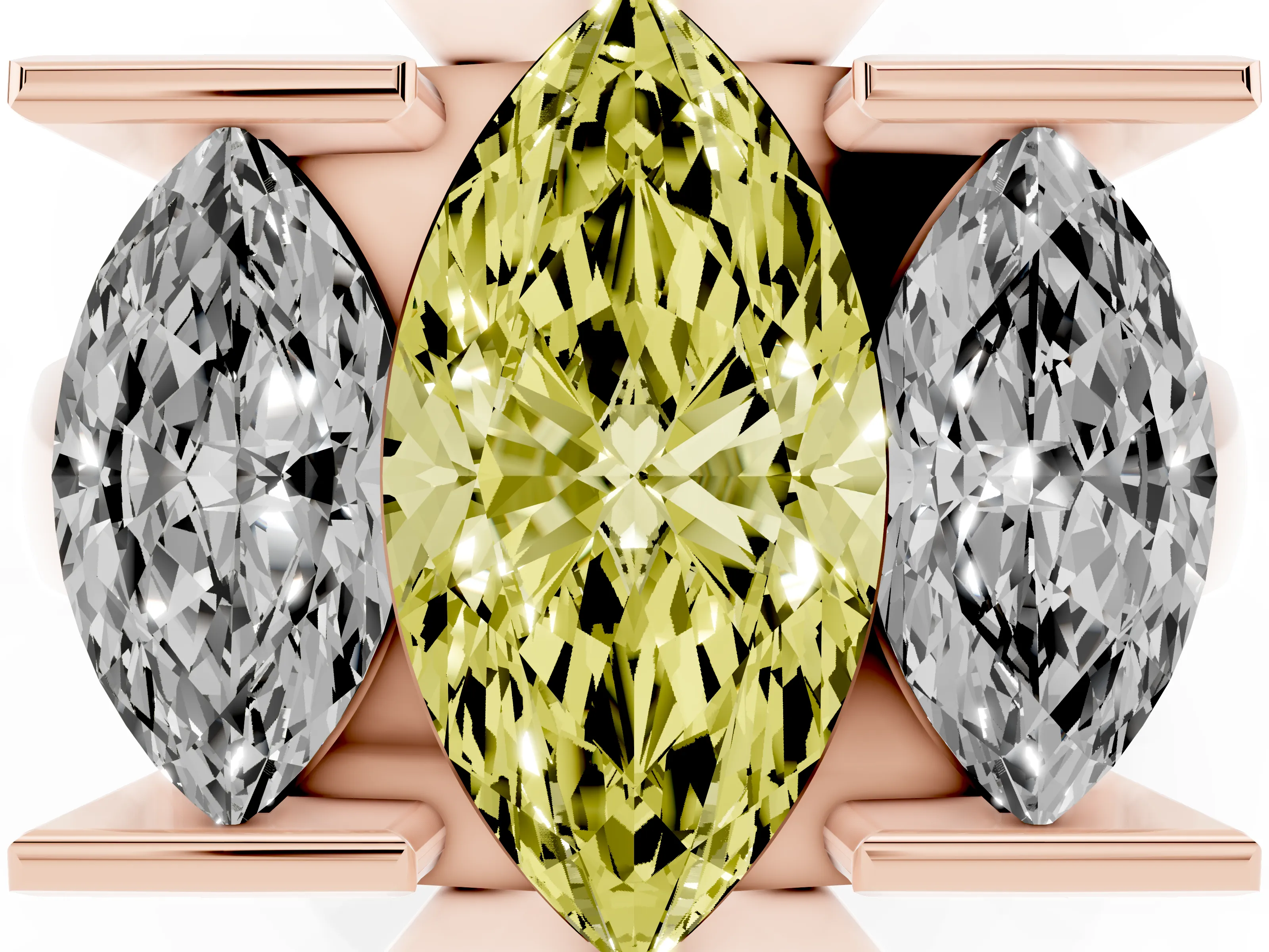 Fancy Yellow Marquise Cut Diamond Three-Stone Channel Set Ring Set in Rose gold with Smooth Polished Band