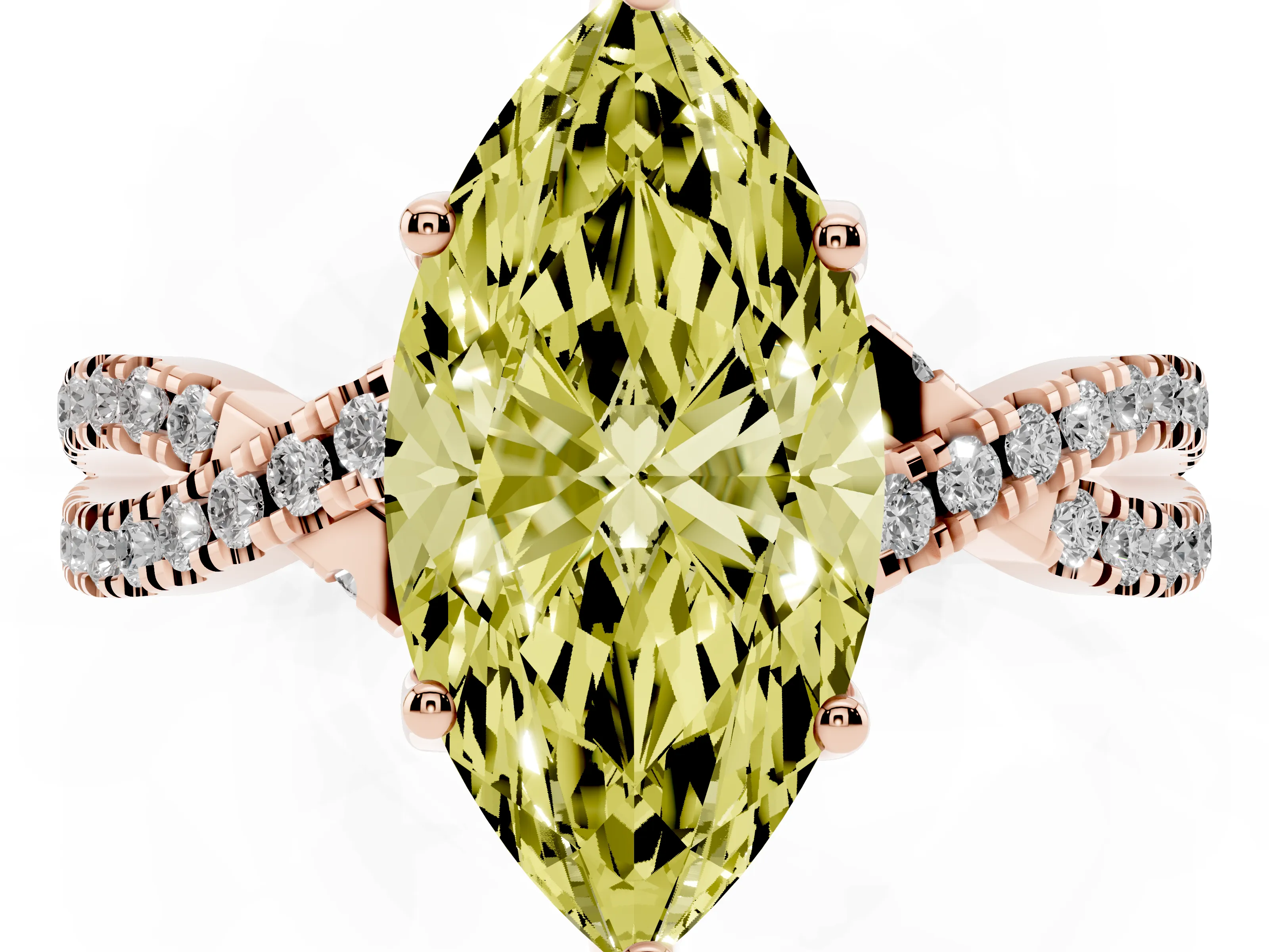 Fancy Yellow Marquise Cut Diamond Twist Pavé Solitaire Engagement Ring Set in Rose gold with Prong Setting