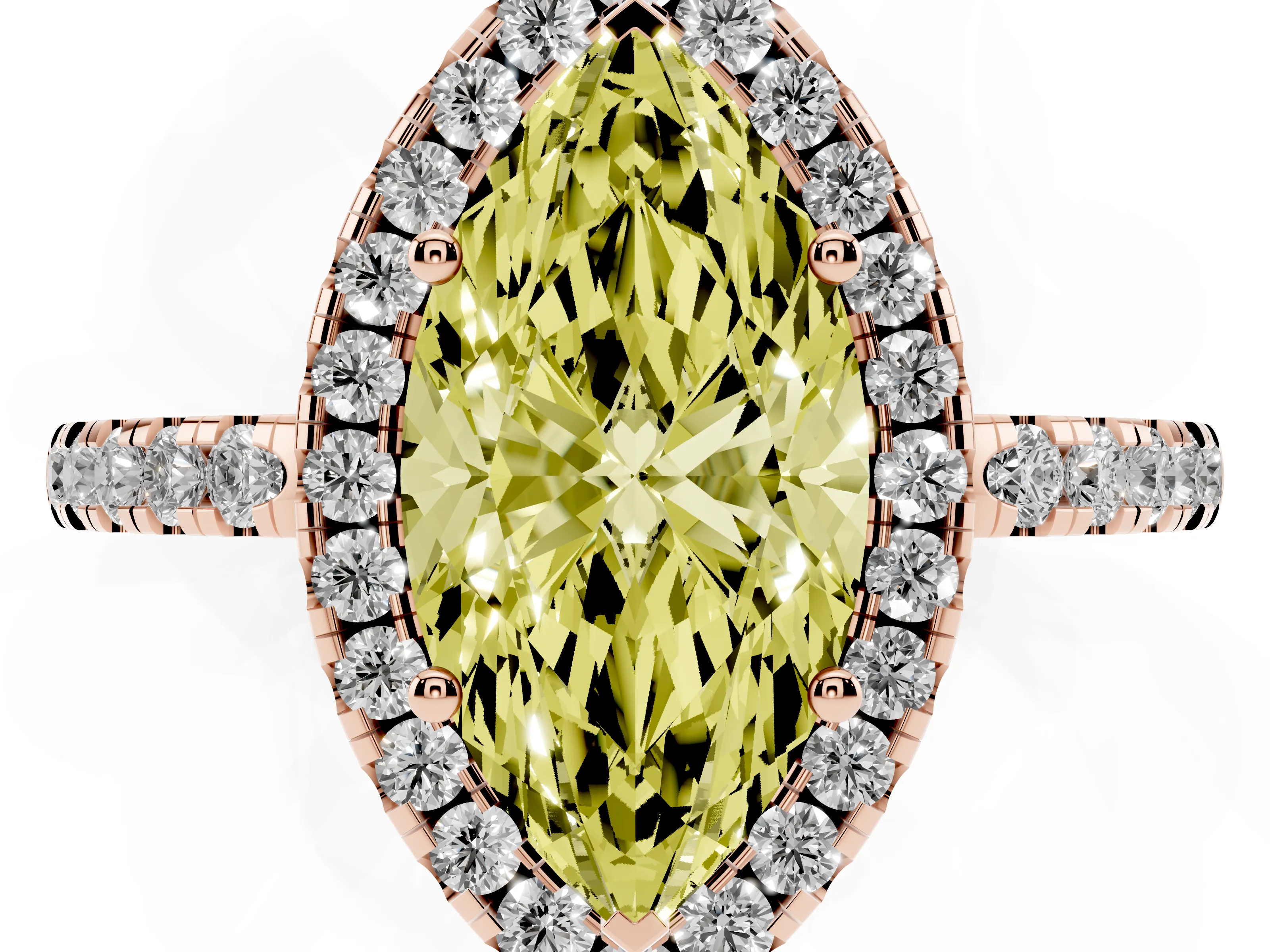 Fancy Yellow Marquise Cut Diamond Pavé Band Halo Engagement Ring Set in Rose gold with Prong Setting