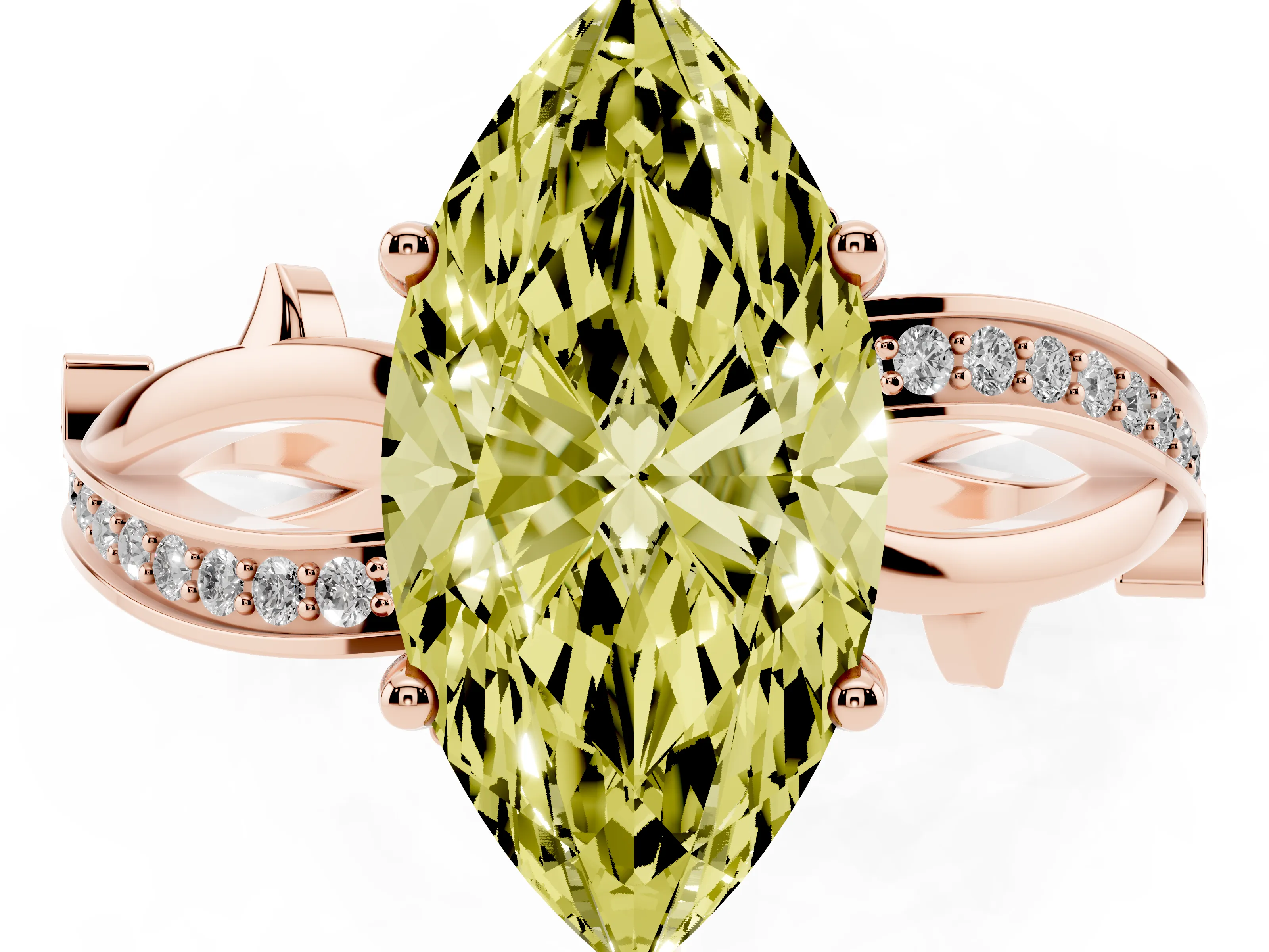 Fancy Yellow Marquise Cut Diamond Pavé Twist Band Solitaire Ring Set in Rose gold with Prong Setting