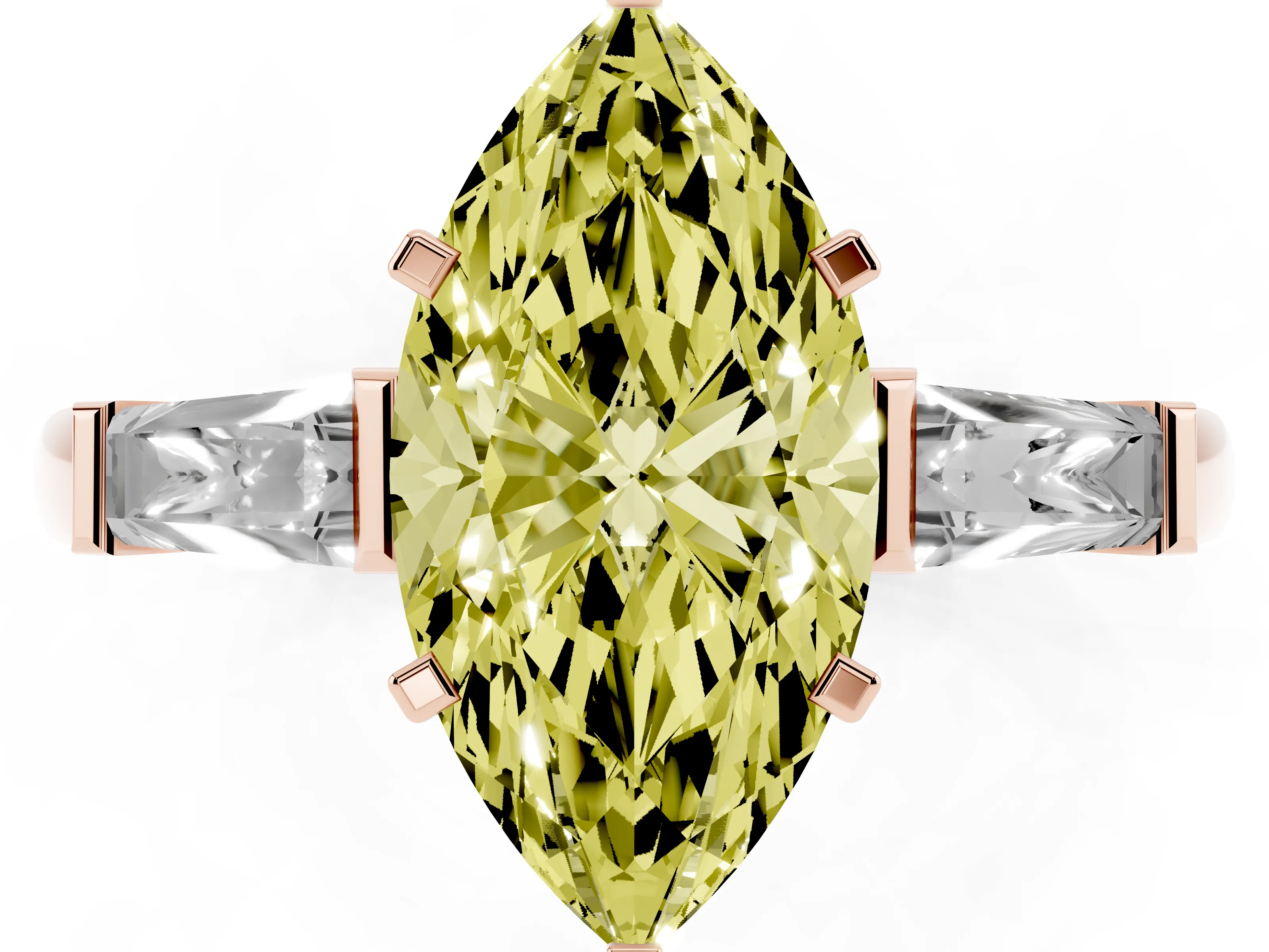 Fancy Yellow Marquise Cut Diamond Solitaire Ring Set in Rose gold with Tapered Baguette Side Stones and Prong Setting