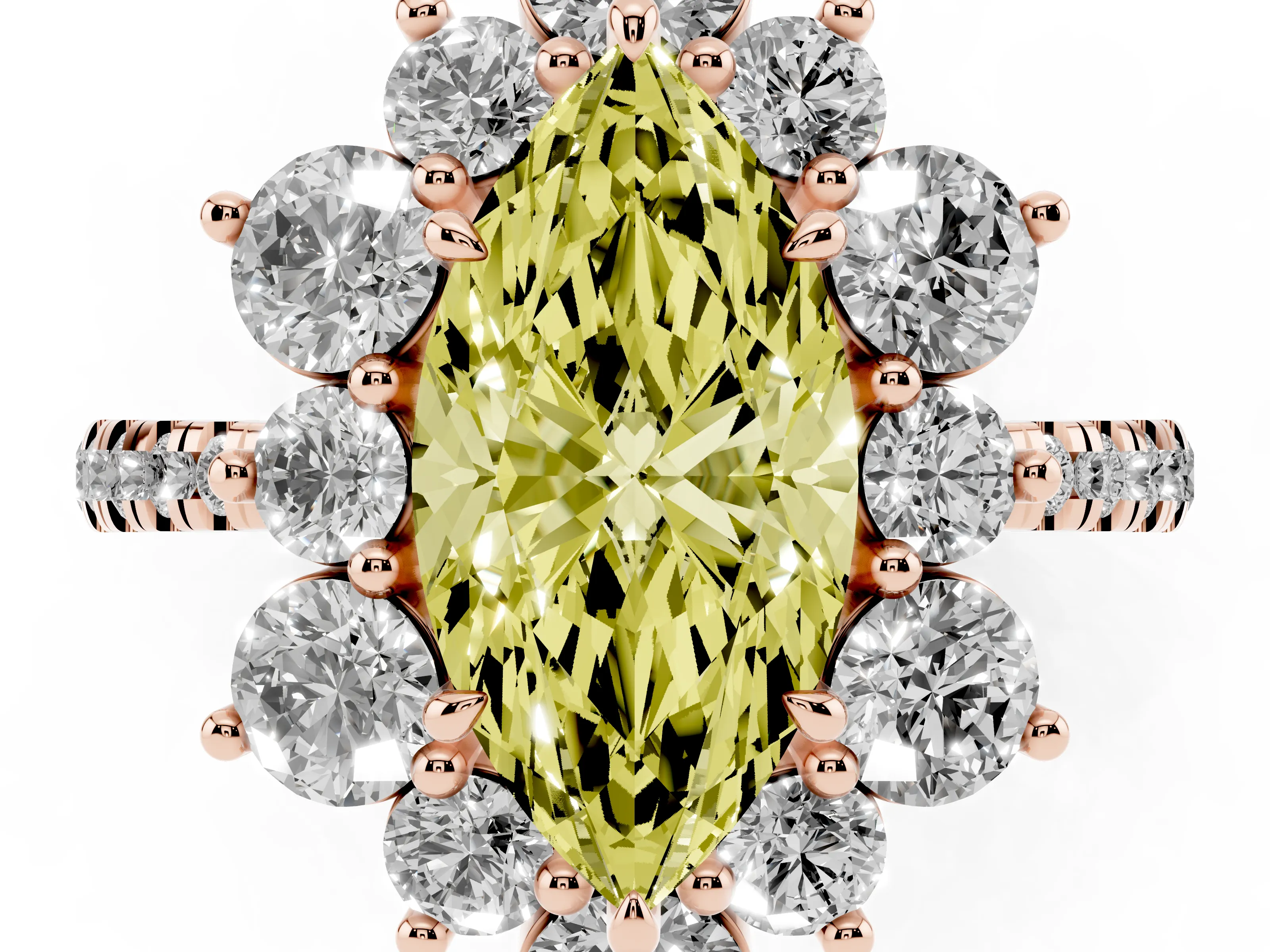Fancy Yellow Marquise Cut Diamond Floral Halo Ring Set in Rose gold with Round Pavé Band and Prong Setting
