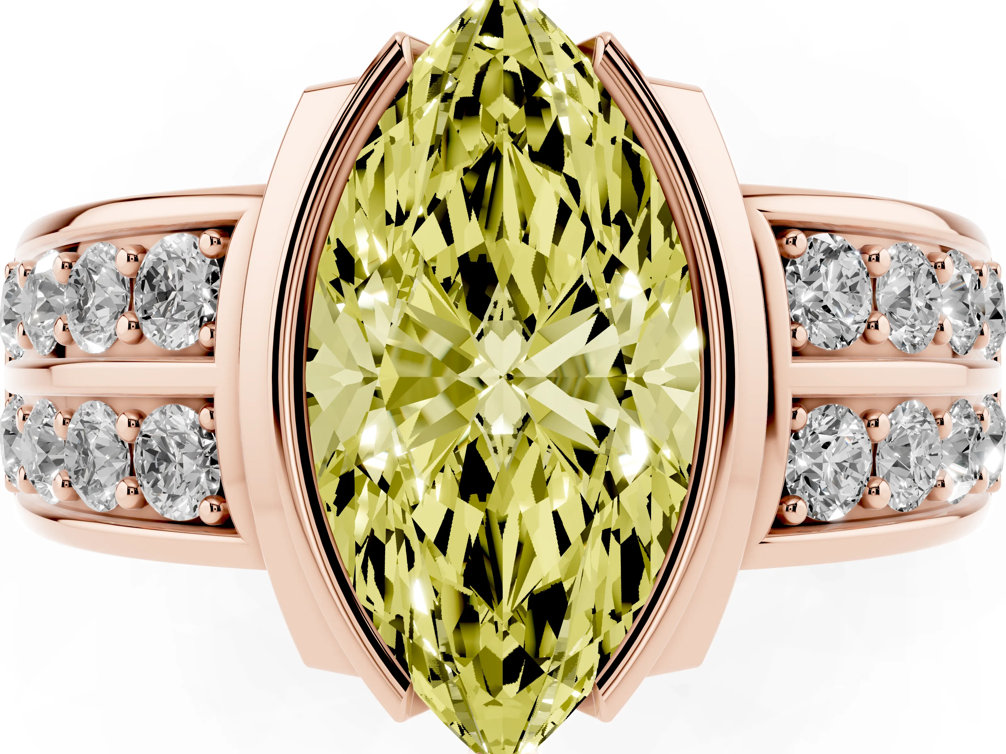 Fancy Yellow Marquise Cut Diamond Wide Channel Set Band Ring Set in Rose gold with Bezel Setting