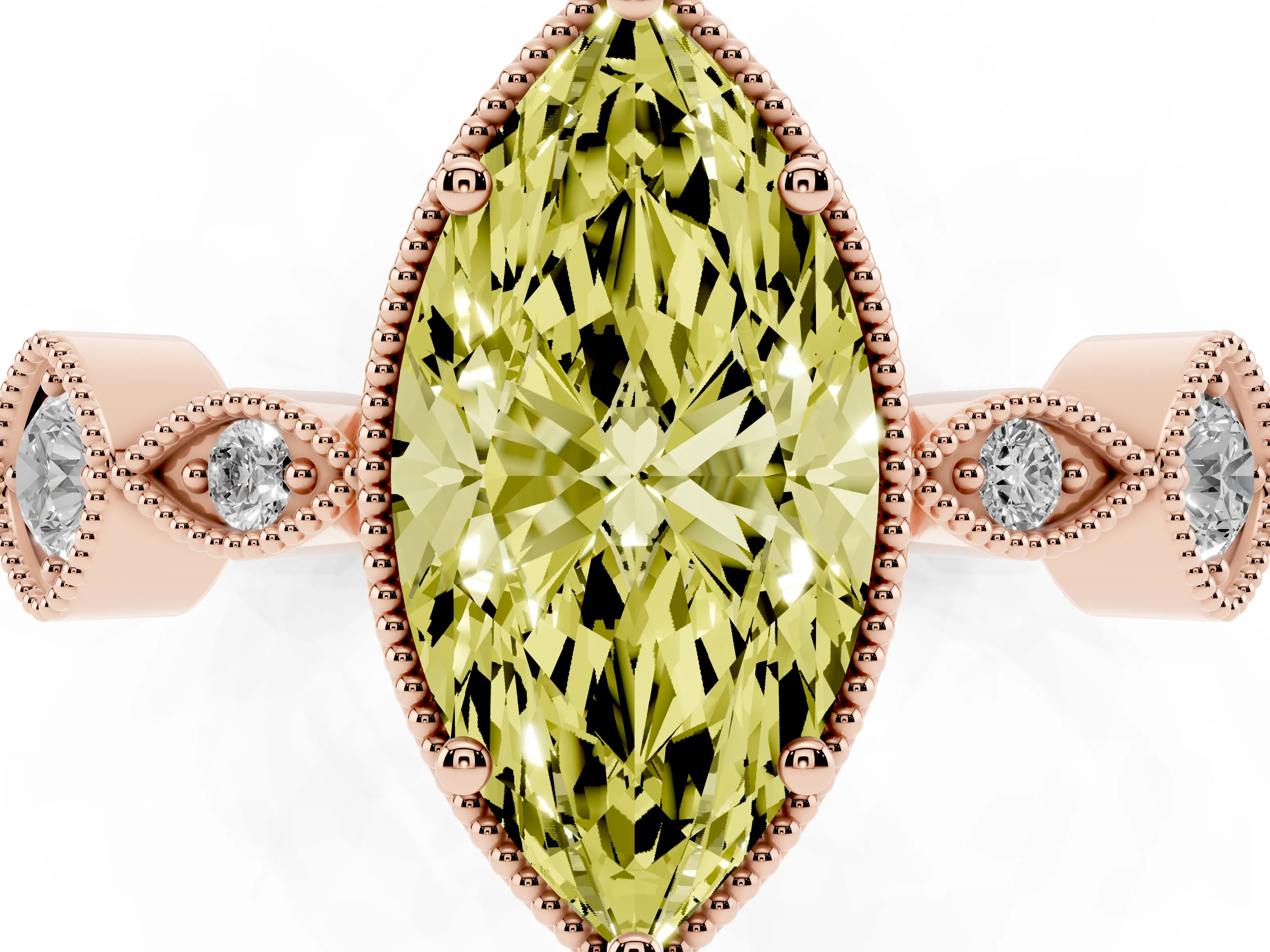 Fancy Yellow Marquise Cut Diamond Vintage-Inspired Milgrain Ring Set in Rose gold with Marquise Stations of Round Accents