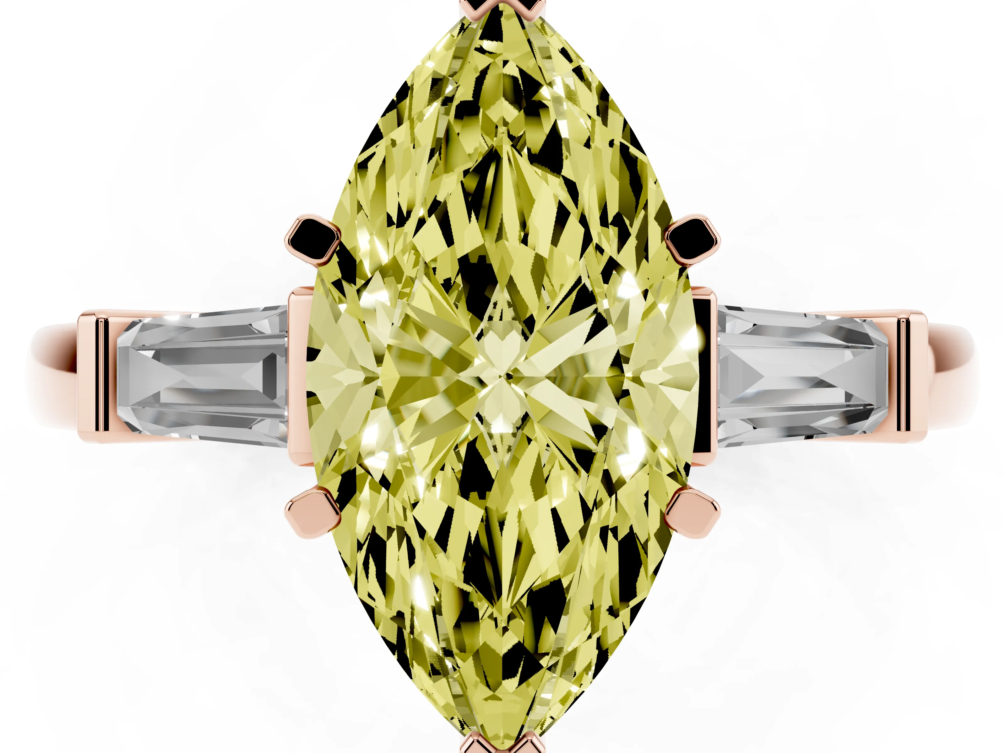 Fancy Yellow Marquise Cut Diamond Solitaire Ring Set in Rose gold with Tapered Baguette Accents and Prong Setting