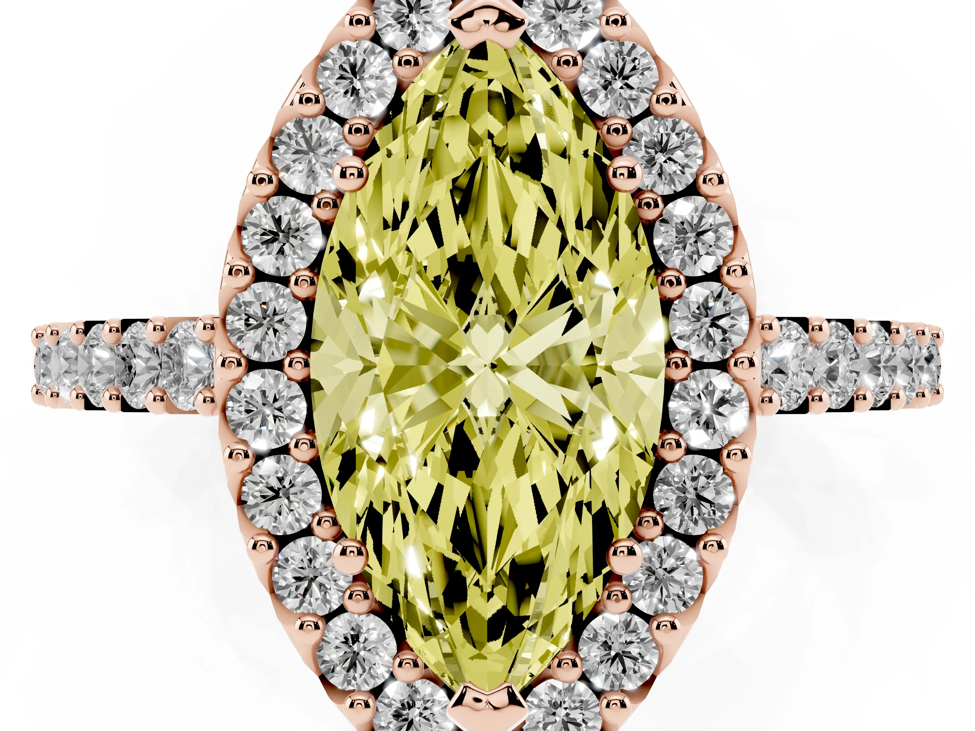 Fancy Yellow Marquise Cut Diamond Halo Pavé Solitaire Ring Set in Rose gold with Prong-Set Center Stone