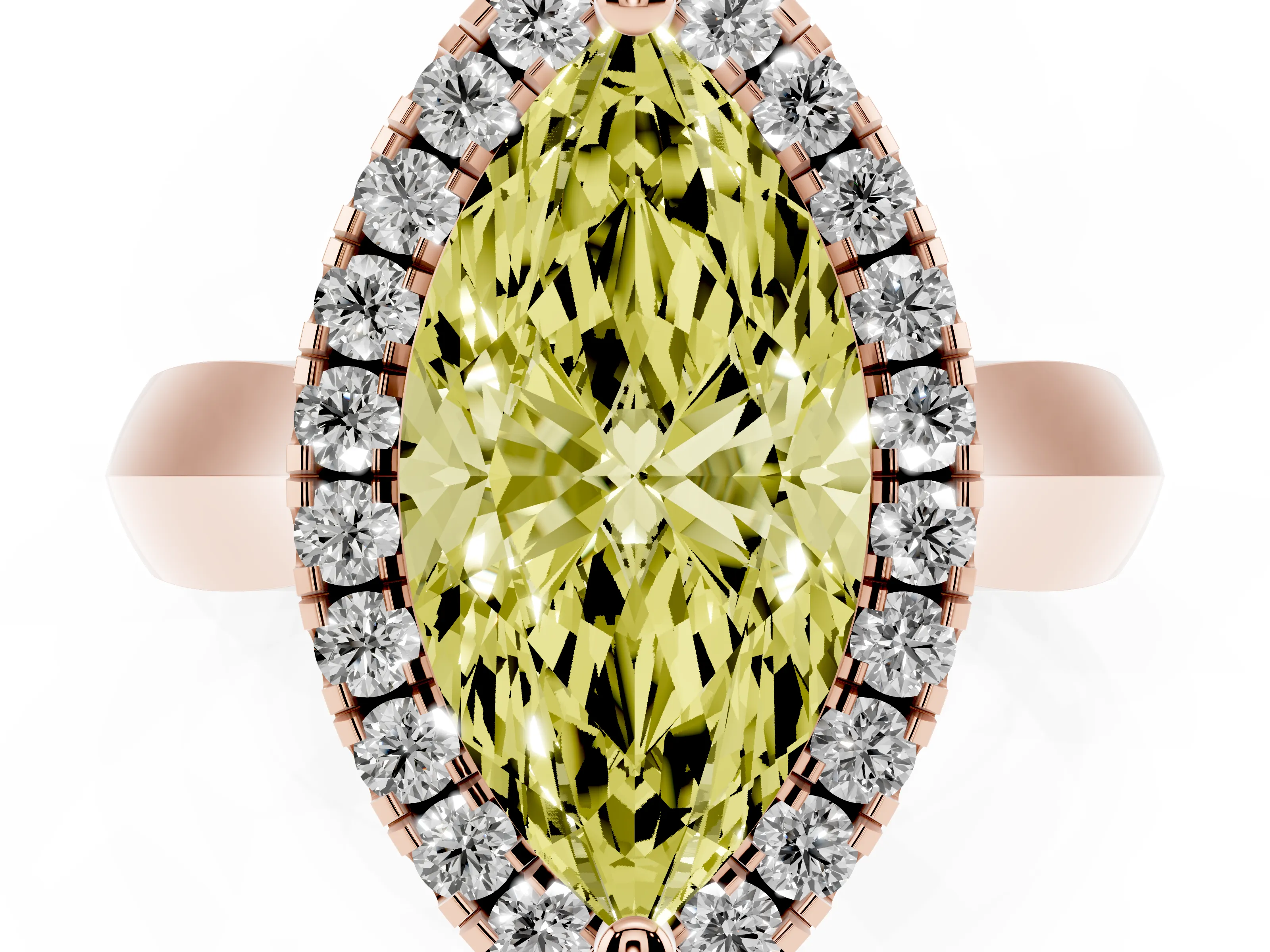 Fancy Yellow Marquise Cut Diamond Halo Solitaire Engagement Ring Set in Rose gold with Square Band and Prong Setting