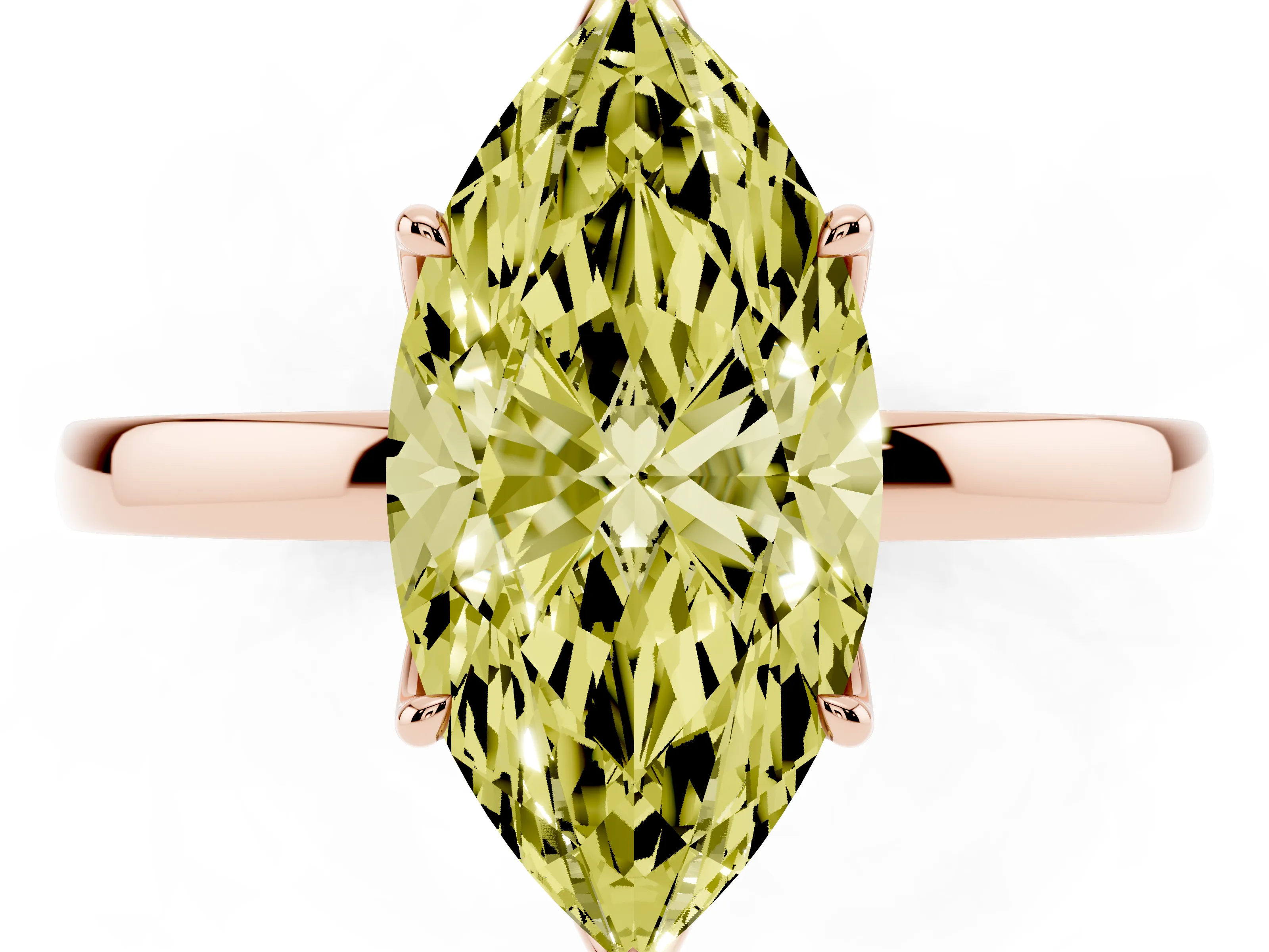Fancy Yellow Marquise Cut Diamond Solitaire Ring Set in Rose gold with Prong Setting and Thin Polished Band