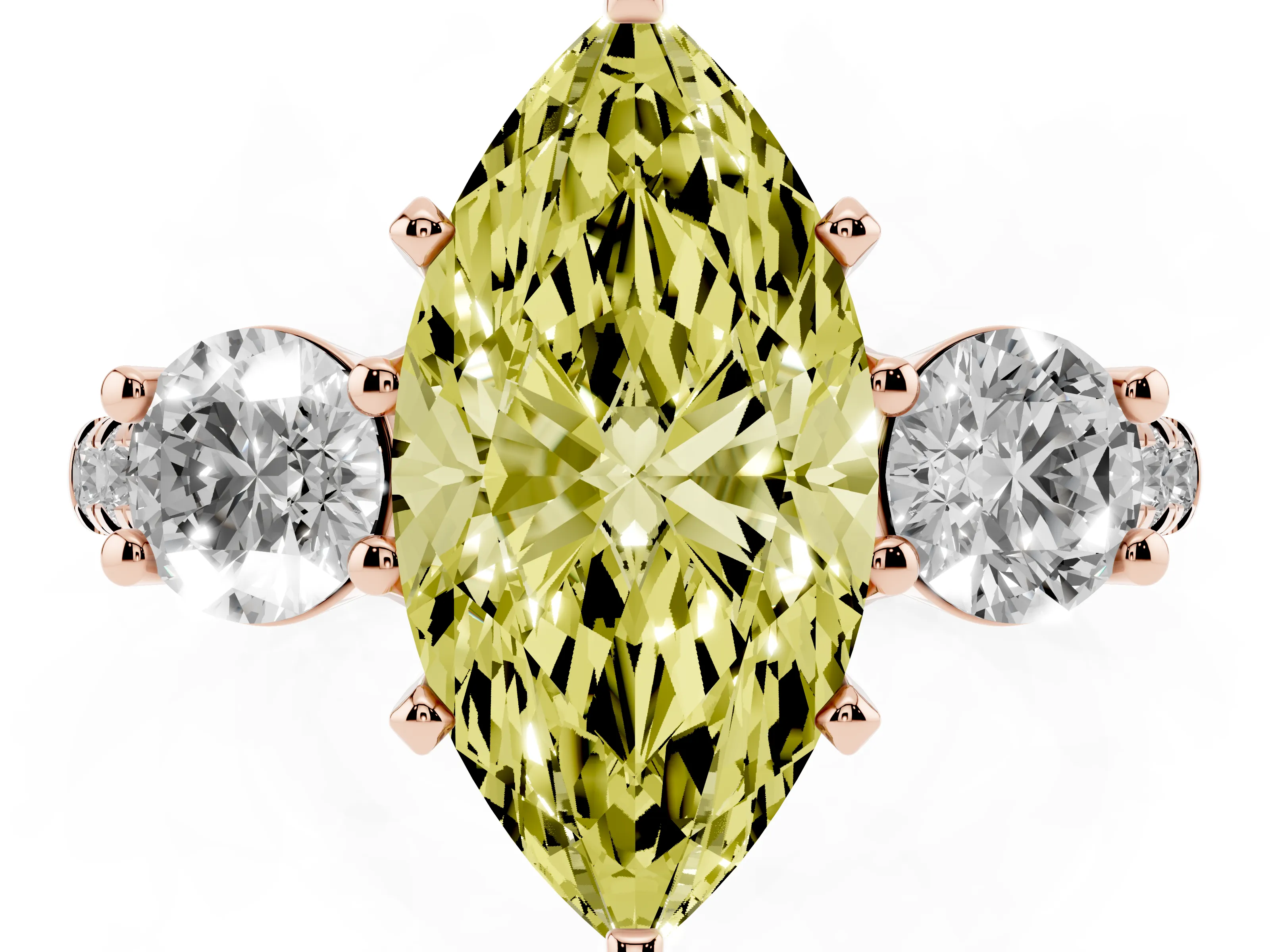 Fancy Yellow Three-Stone Marquise Cut Diamond Pavé Band Ring Set in Rose gold with Prong-Set Trio