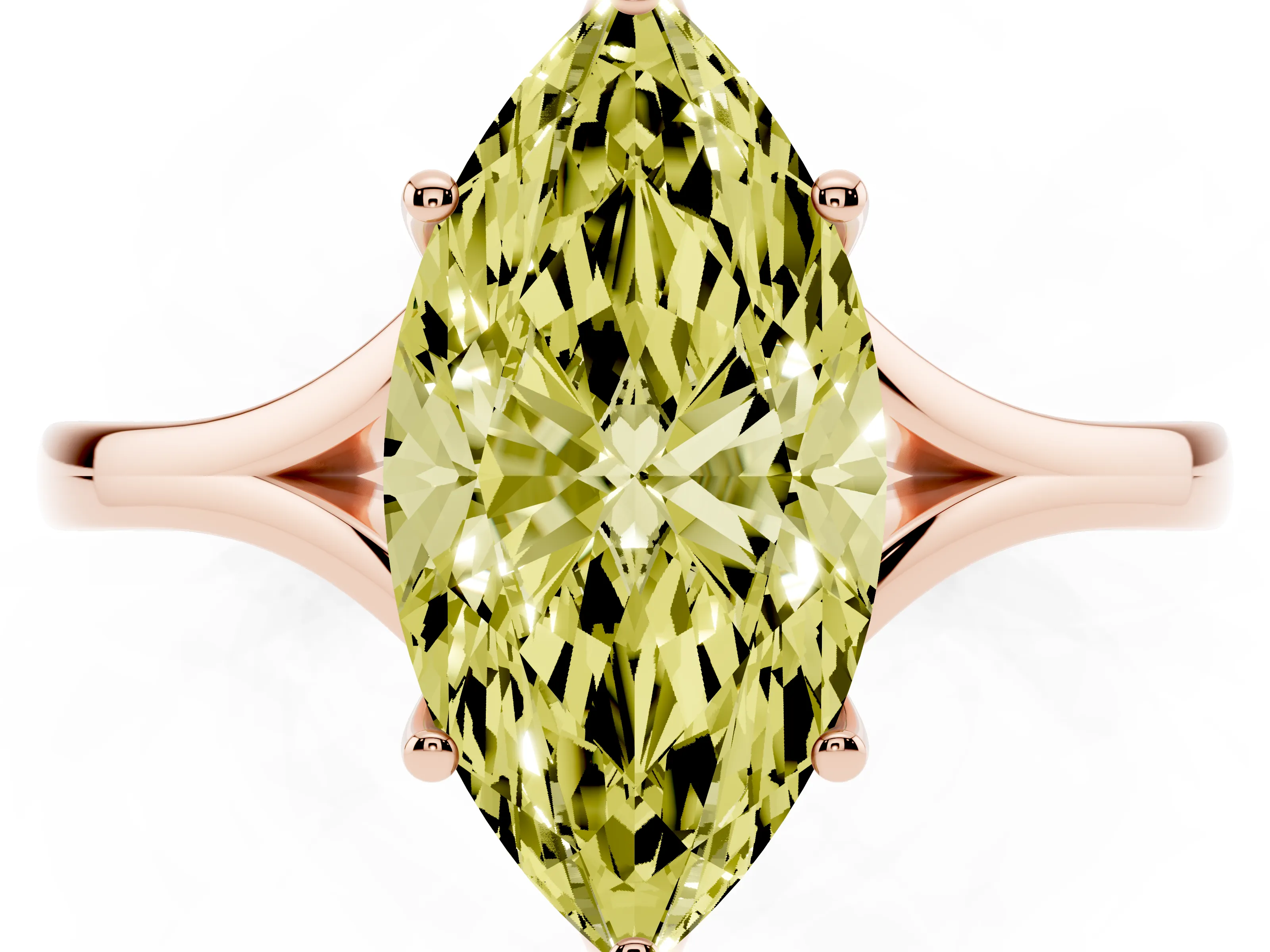 Fancy Yellow Marquise Cut Diamond Solitaire Ring Set in Rose gold with Polished Tapered Band and Prong Setting